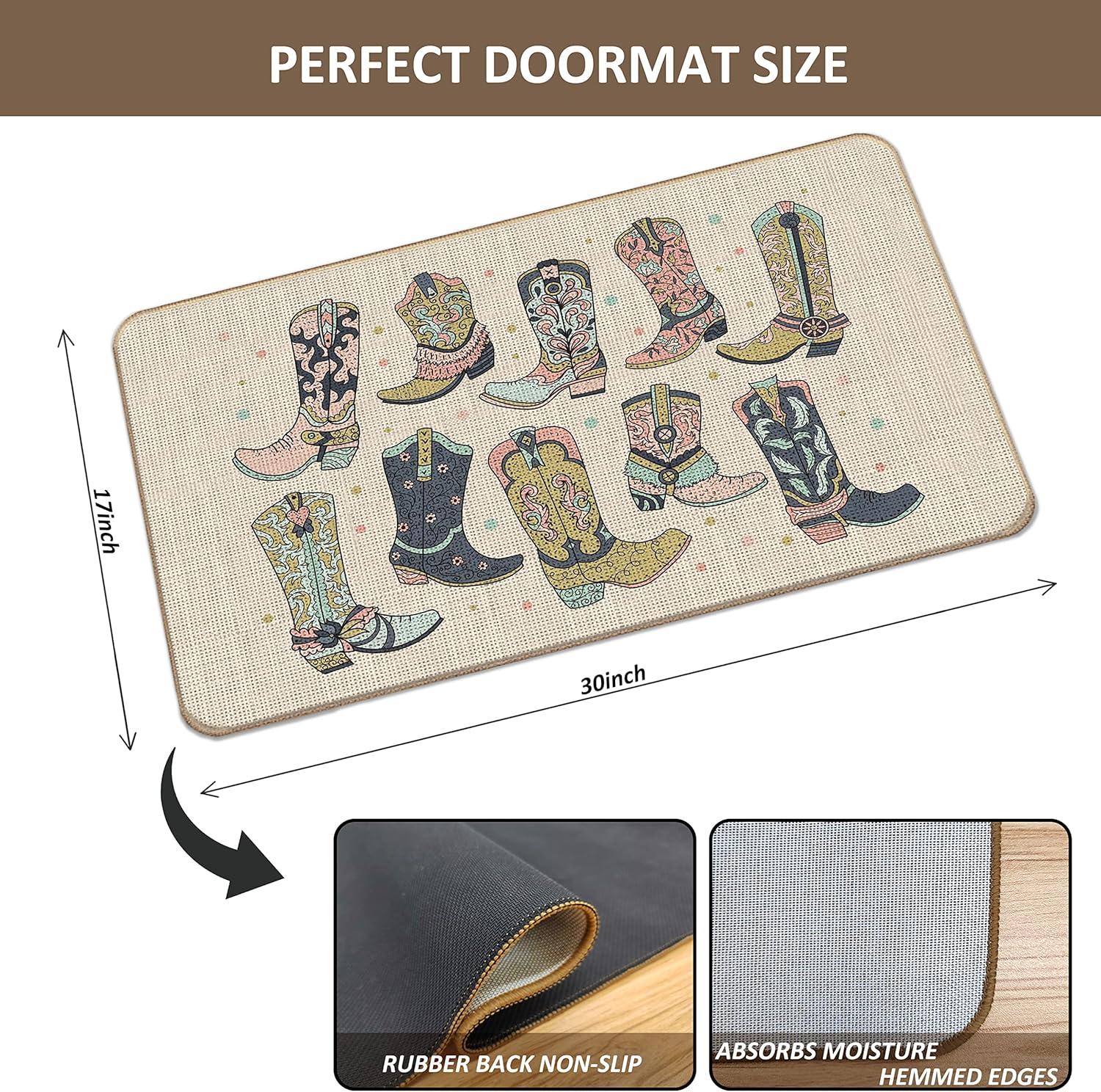Western Door Mat,Country Cowgirl Boots Decor,Wild West Welcome Mat,17"X30" (Beige)