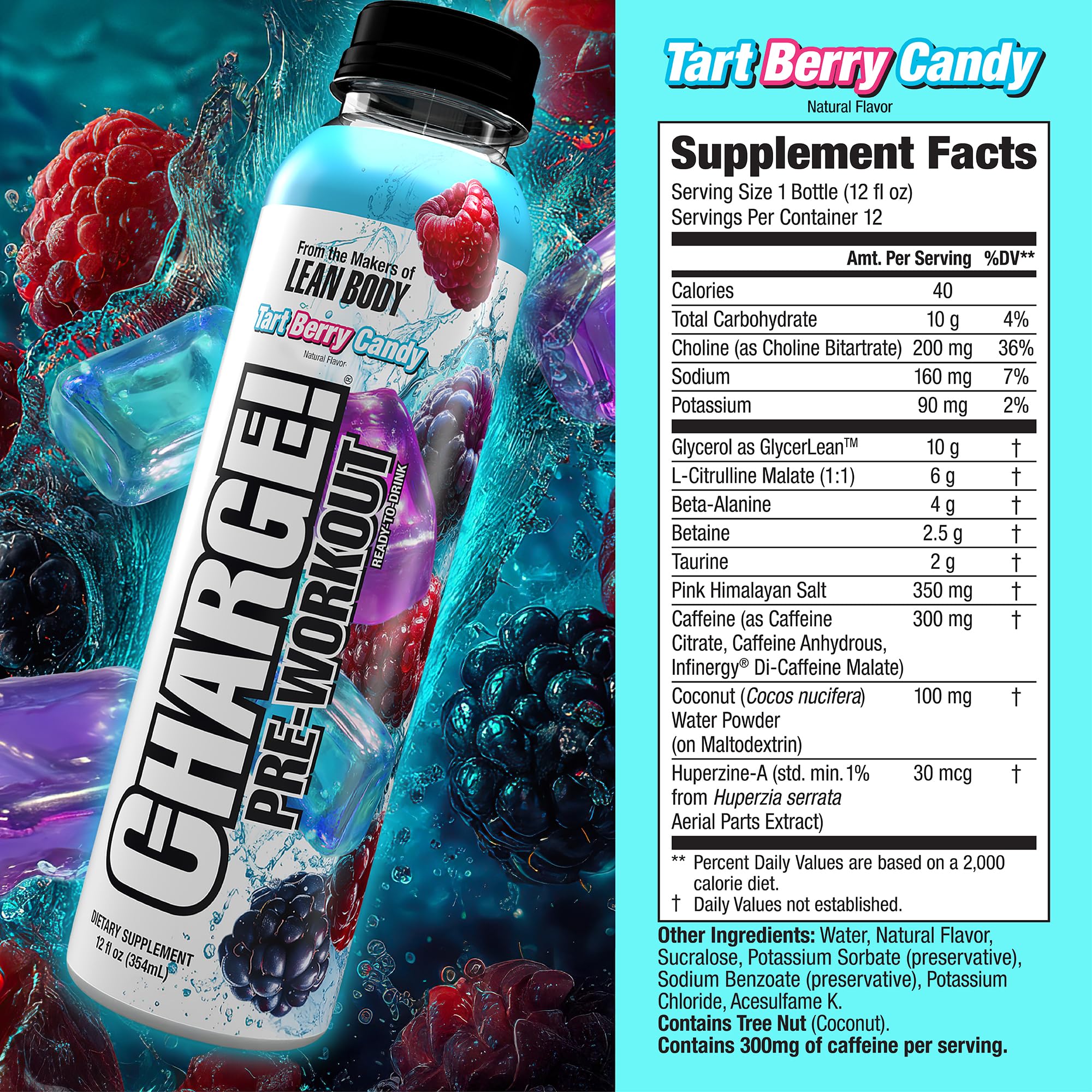 LABRADA Charge Pre Workout Tart Berry Candy RTD Drink – Pump, Energy, Endurance Formula with 10g Glycerol, 6g L-Citrulline Malate, 4g Beta Alanine, 300mg Caffeine, + Complete Hydration Support, 12 Serving