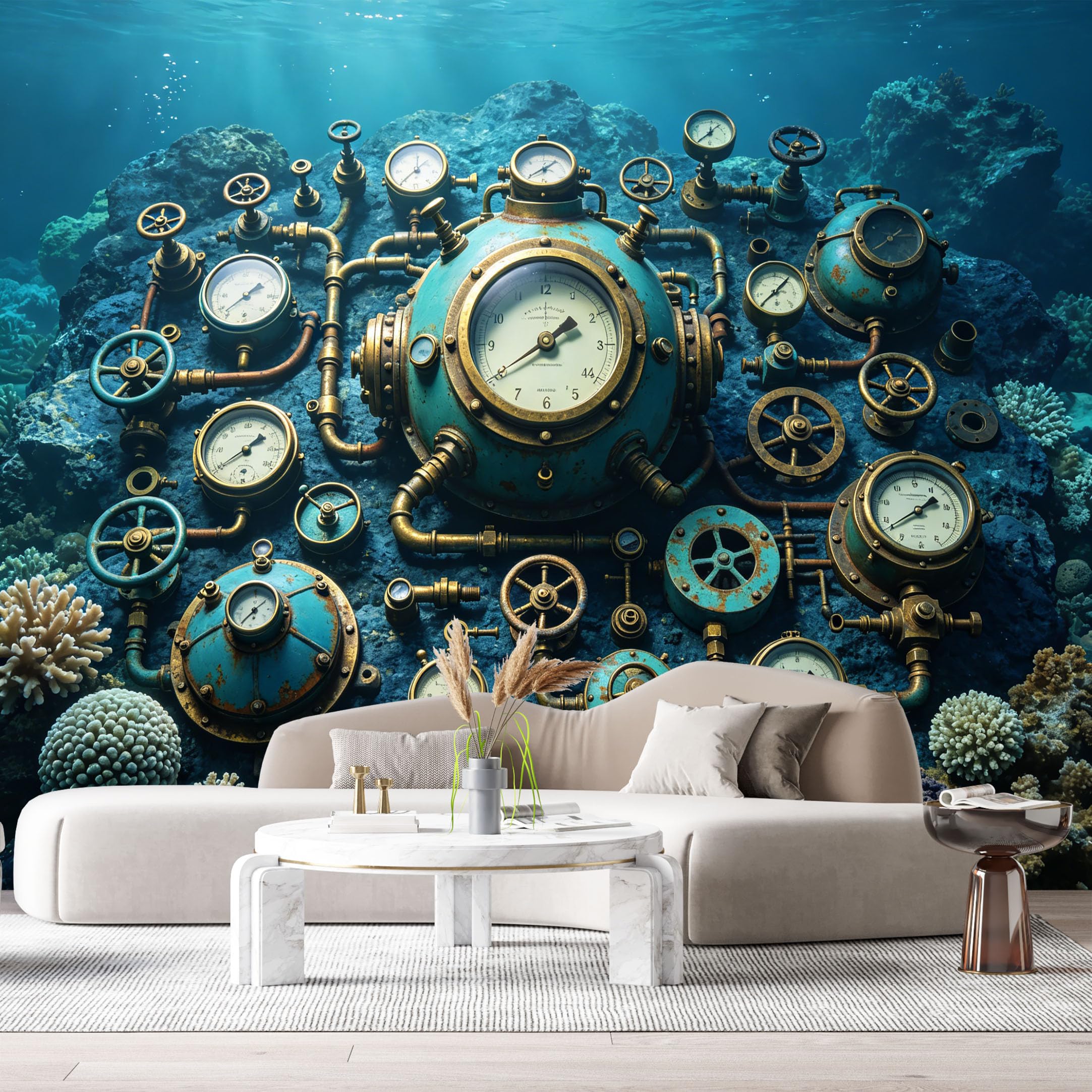 Custom Size Wall Mural Steampunk Submarine Machinery Underwater Pressure Gauges Pipes Coral Ocean Scene 3D Textured Style SelfAdhesive Removable Wallpaper Esports Game Room Studio