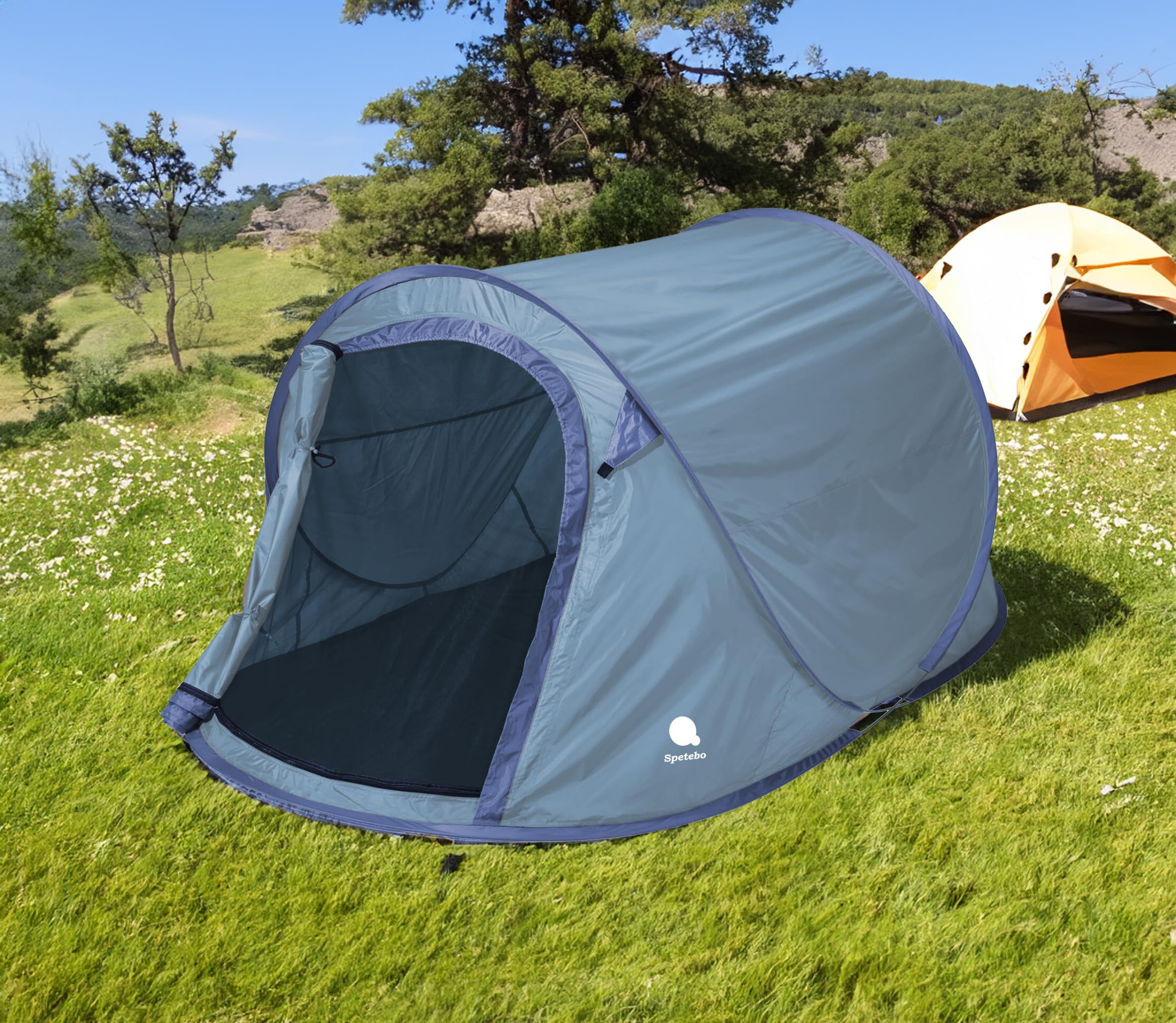 Tente pop-up pour 2 à 3 personnes en bleu, vert ou argent – Tente instantanée pour trekking et camping – Tente instantanée automatique à une main avec piquets + cordes de tension étanches