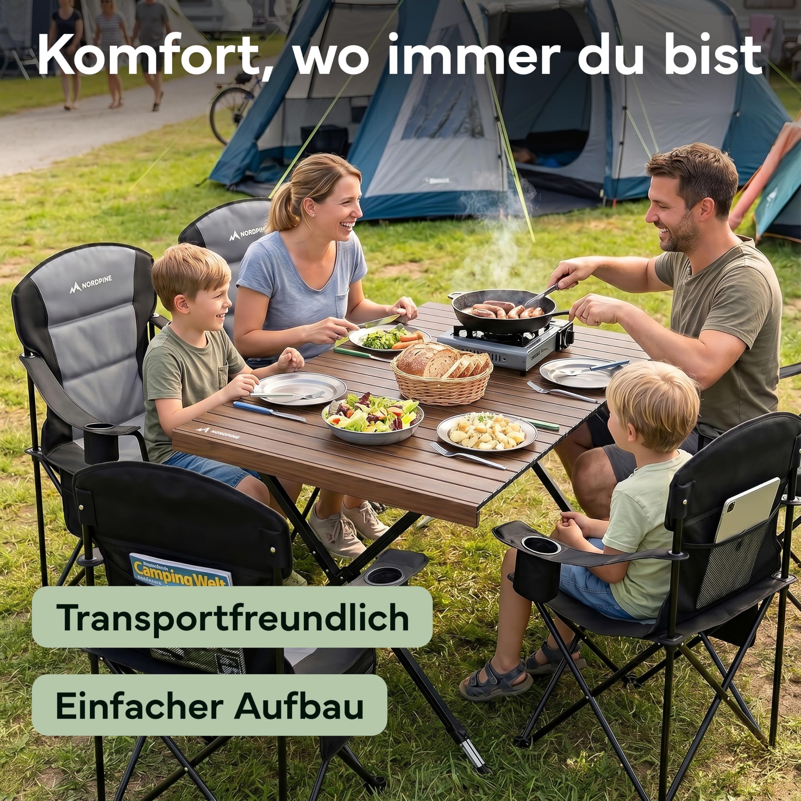 NORDPINE Campingtisch klappbar höhenverstellbar 45-68 cm – Faltbarer Outdoor Tisch & Picknicktisch aus Aluminium mit kleinem Packmaß – Wetterfester Gartentisch Klapptisch Camping mit Tragetasche