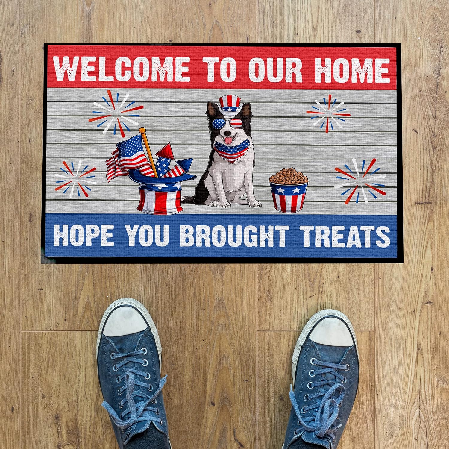 VictoryStore 4th of July Dog Doormat, 24 x36 Inches, Welcome to Our Home Hope Your Brought Treats Door Mat, Patriotic USA Door Mat (Border Collie)