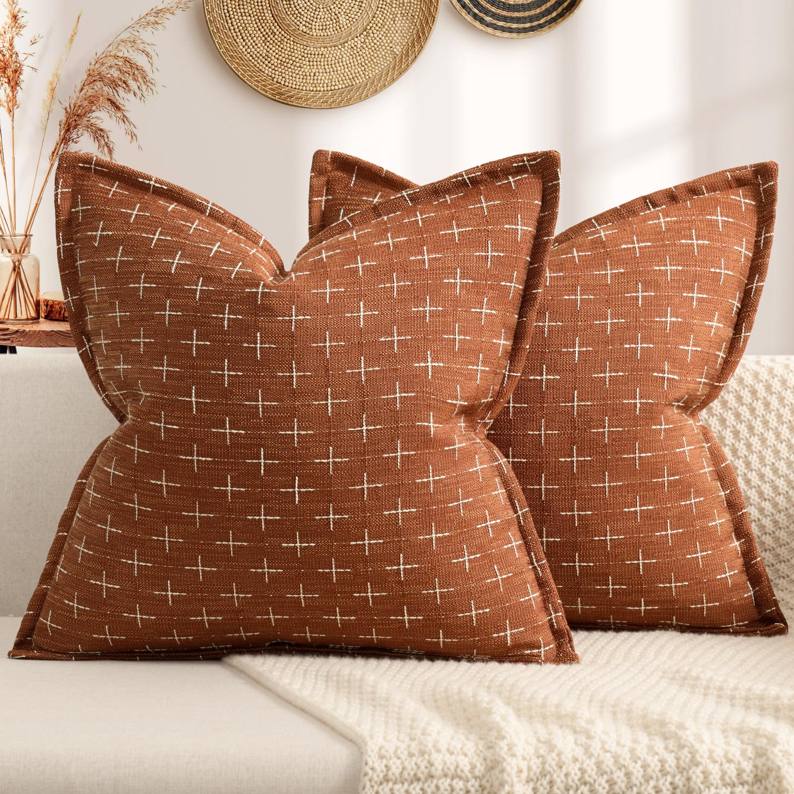 Photo 1 of ZWJD Fall Pillow Covers 20x20 Set of 2 Soft Polyester Textured Rust Pillow Covers with Stylish Flange Edge Cozy Farmhouse Throw Pillows for Couch Bed Sofa Living Room Fall Decor