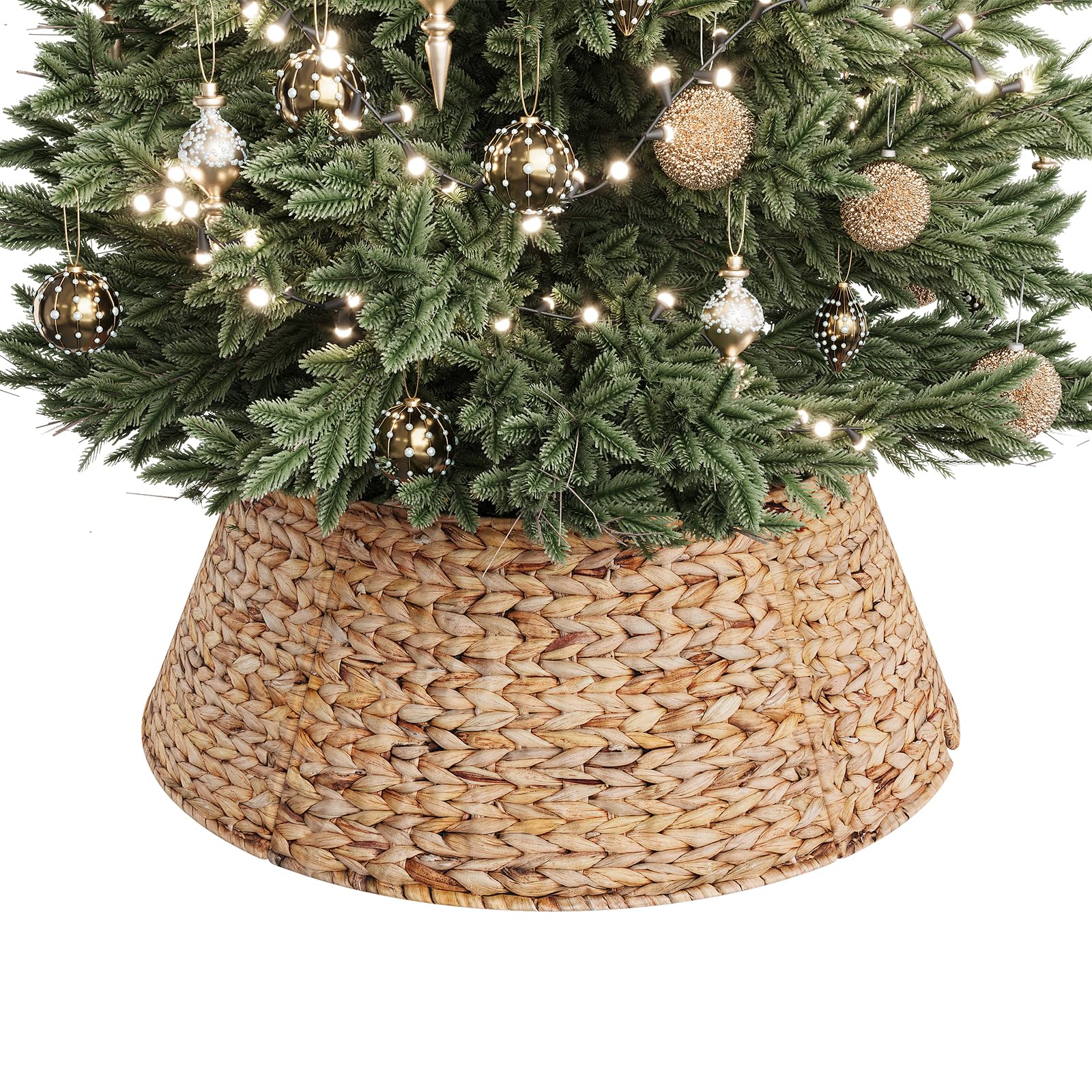 ELYKEN 28-Inch Woven Rattan Christmas Tree Collar, Stylish Hyacinth 5-Piece Tree Skirt for Artificial Trees, Wicker Tree Base Cover with Cord Cut-Out for Home Decor, Living Room Display, Natural