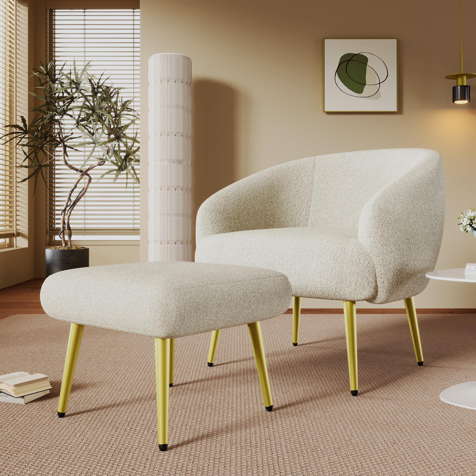 Silla tapizada Sherpa moderna con reposapiés, diseño ergonómico, patas doradas, confort lujoso (blanco)