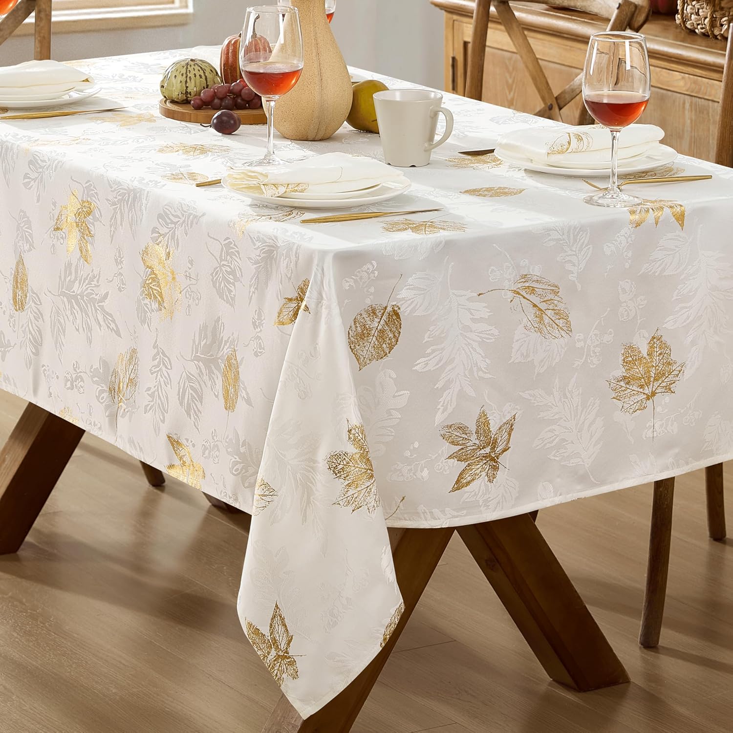 Newbridge Ivory and Gold Leaf Metallic Damask Fabric Tablecloth for Thanksgiving, 60 x 102 Inch Rectangle, No Iron, Soil Resistant Dining Room, Party and Banquet Table Cover for Autumn