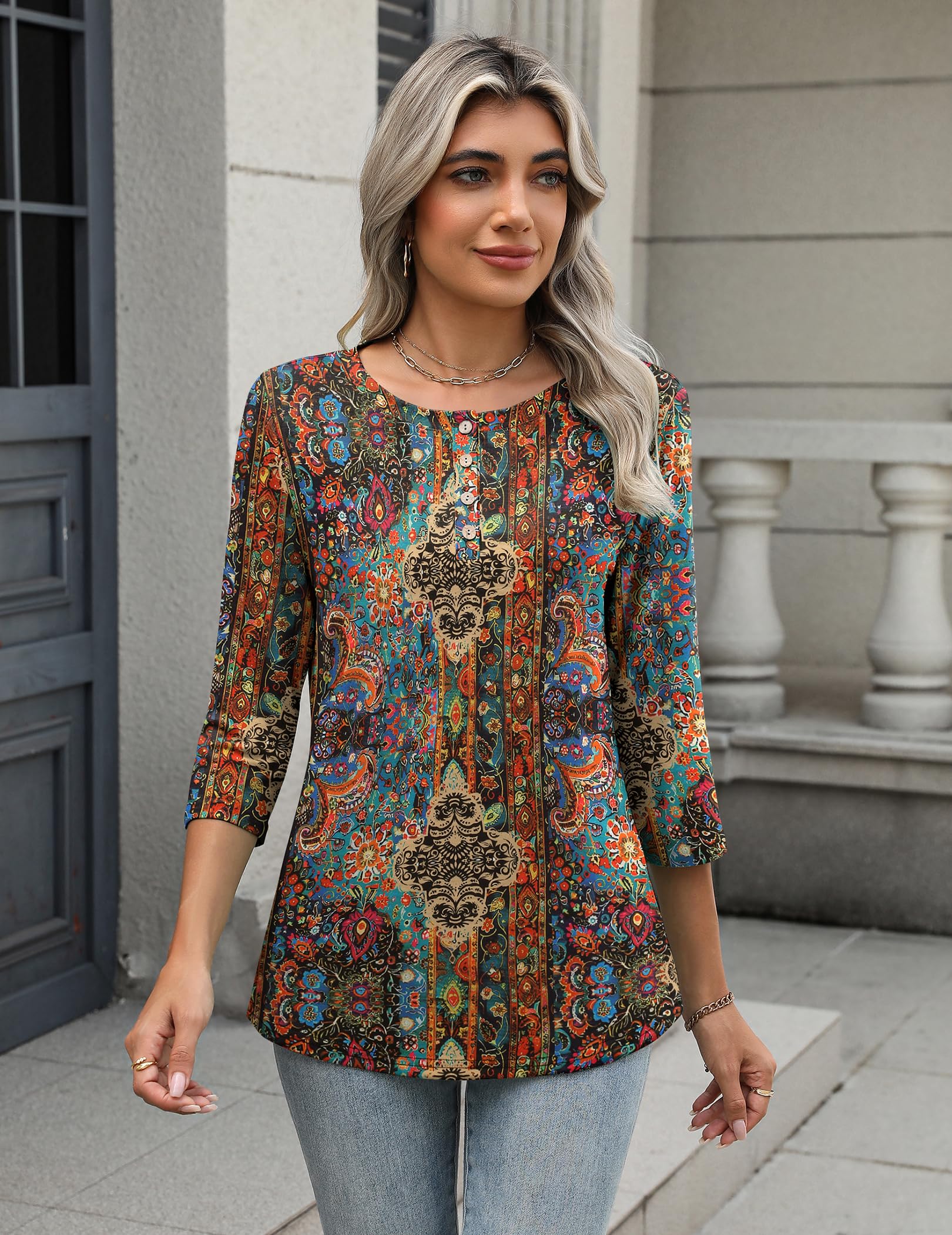 Zeagoo Koszulki damskie topy damskie z rękawami 3/4 eleganckie podstawowe bluzki Henley S-XXL
