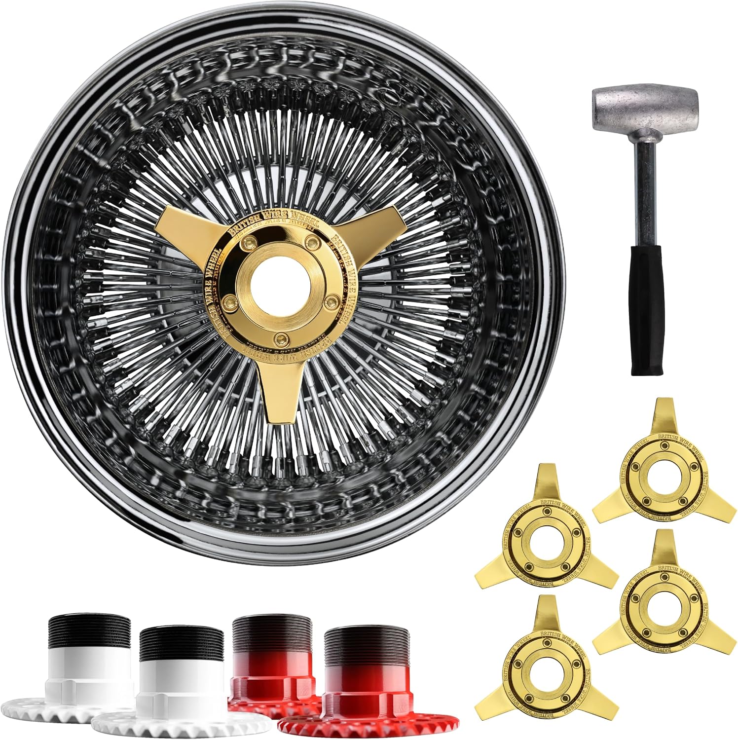 13x7 Reverse 100 Spoke Straight Lace Wire Wheels + Zenith 3 Bar Cut Gold Locking Spinner Caps + Locking Adapters 5x4.5, 5x4.75, 5x5 | Chrome Deep Dish Lowrider Rims | Set + Hammer