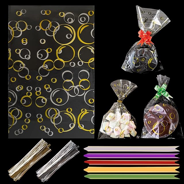 Designed Cellophane Bags Pack of 50 (6 x 10 Inches) Food Safe Cookie Bags with Mix Colors Pull Bows & Twist Ties- Clear Bags for Gifts, Packaging, Wrapping Sweets bag for Hamper
