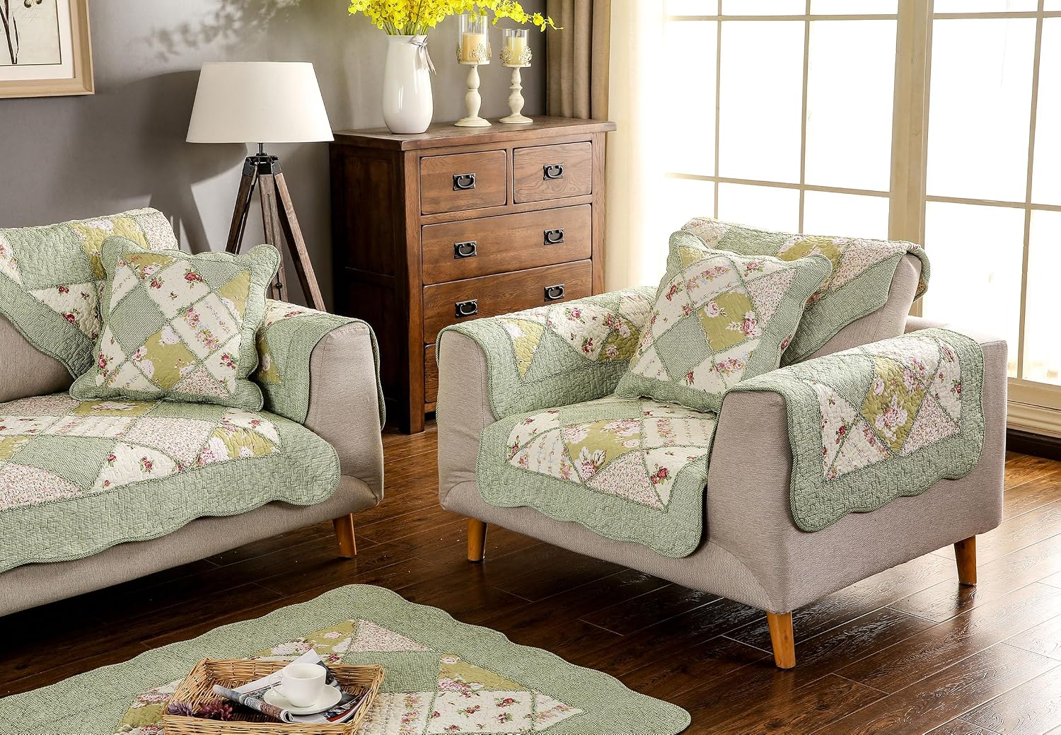 Boho Patchwork Sofa Cover Floral Pattern Sofa Slipcover Soft Cotton Quilted Sectional Couch Cover Non-Slip Washable Furniture Protector for Pet Kids Carpet Window Mat (Green,28"x28")