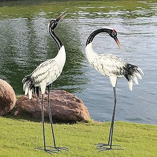 Sponsored Ad - Garden Crane Statues Outdoor Heron Red Crowned Crane Metal Yard Art Sculpture,Set of 2