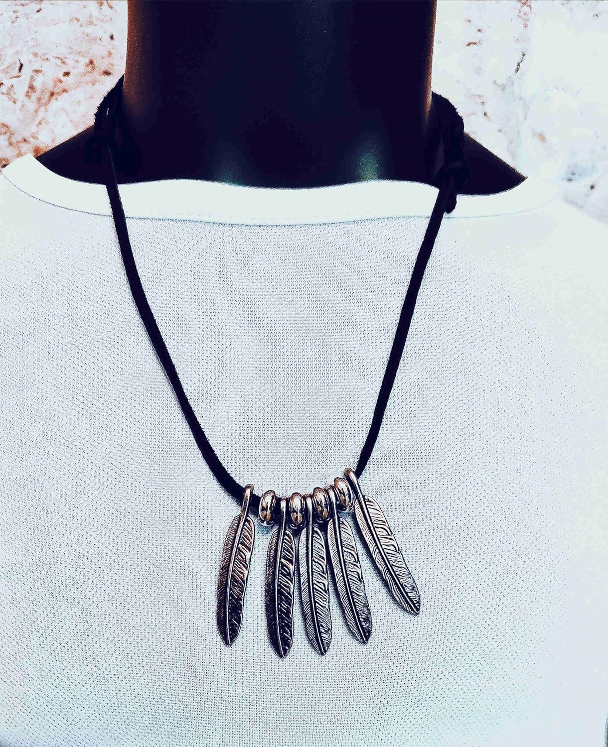 Vintage Feather Leaf, Guitar, Two Circles, Sword Cross Pendant Necklace, Adjustable Brown Leather, Ethnic - Image 2