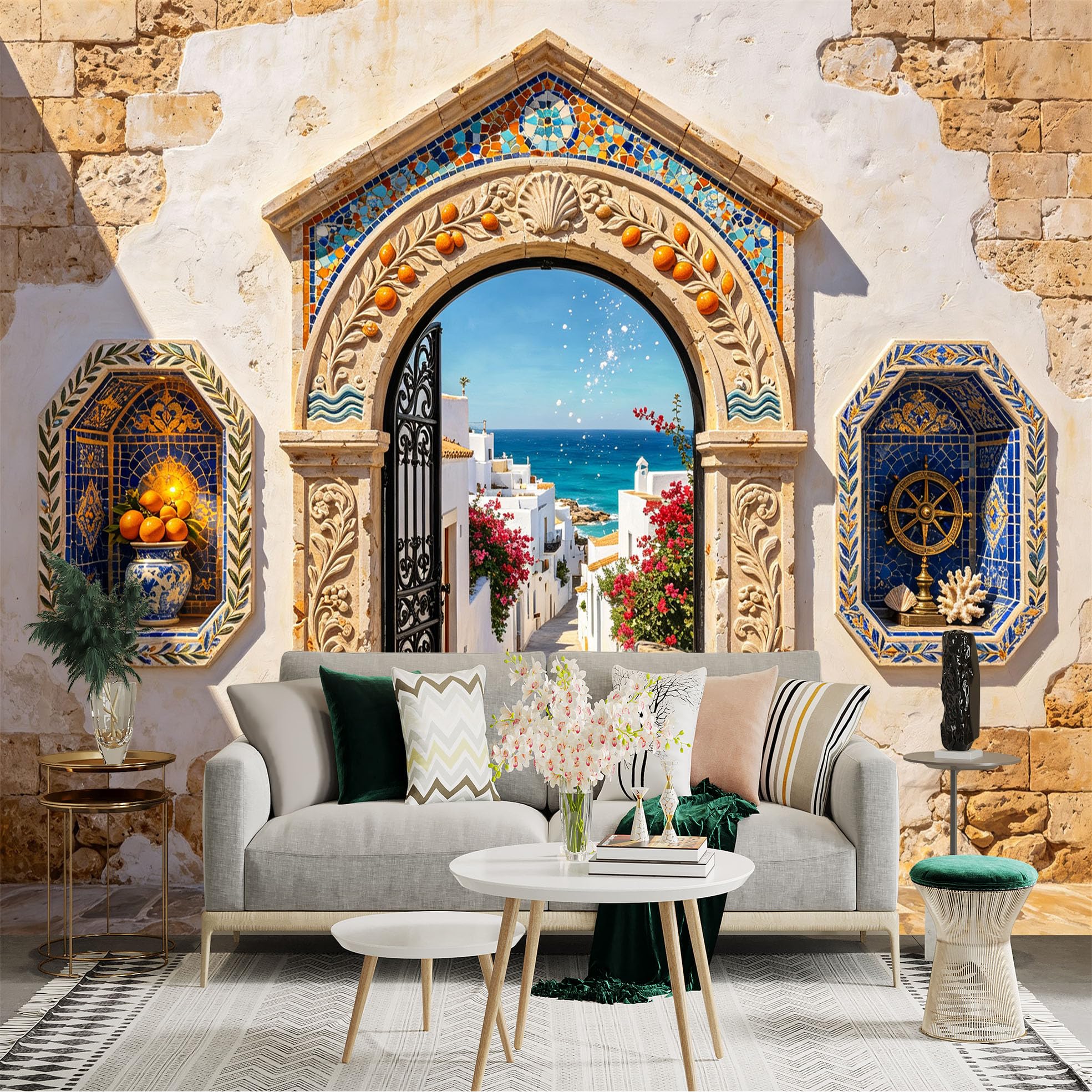 Custom Size Wall Sticker Mural， Mediterranean Archway Coastal Village Ocean View Mosaic Tiles， for wall Decoration， peelandstick wall Decals.
