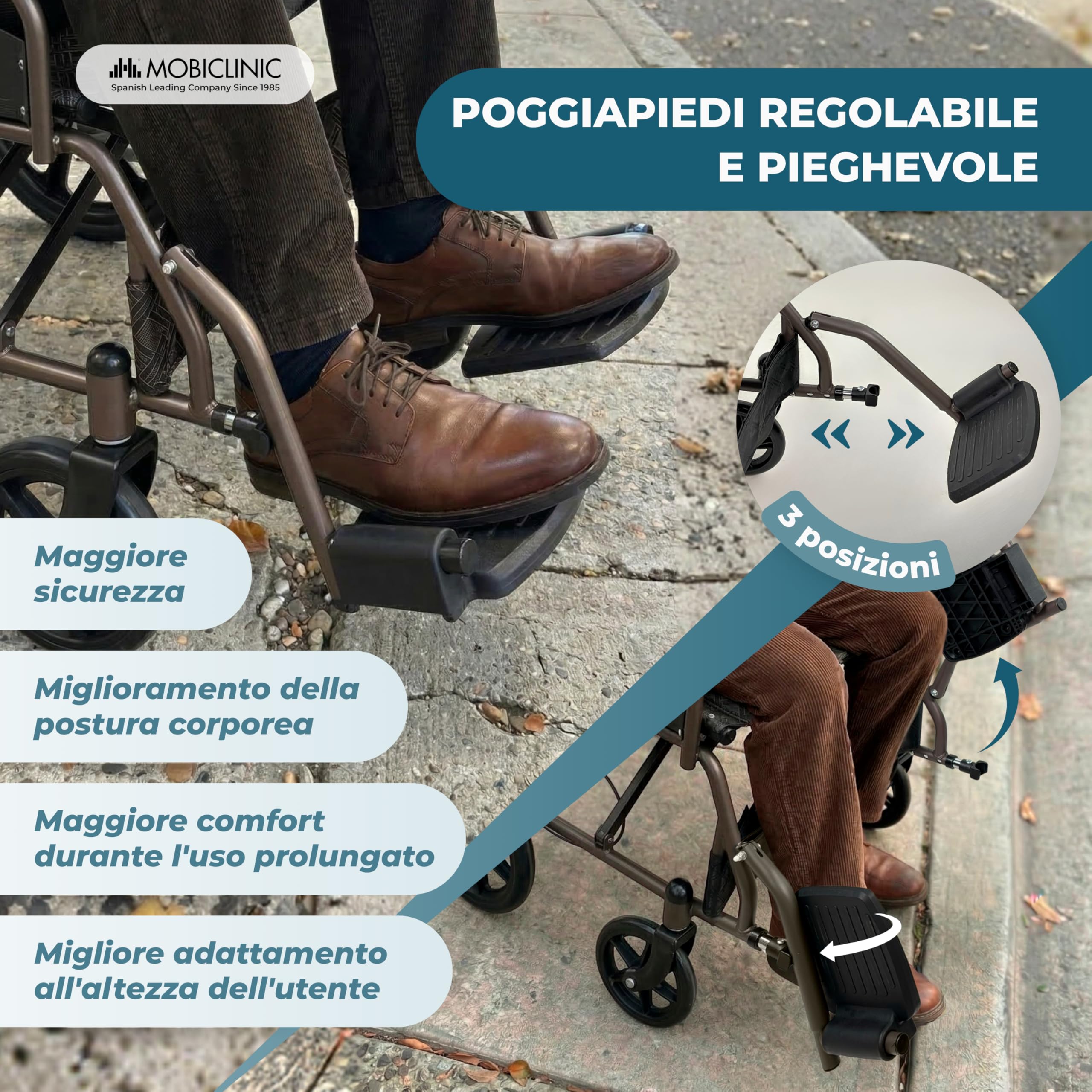 Mobiclinic®, Sedia a Rotelle Pieghevole, da Transito, Schienale e Poggiapiedi Pieghevoli, Doppio Sistema Frenante, Braccioli Imbottiti, Acciaio, Leggera e Compatta, Kefren