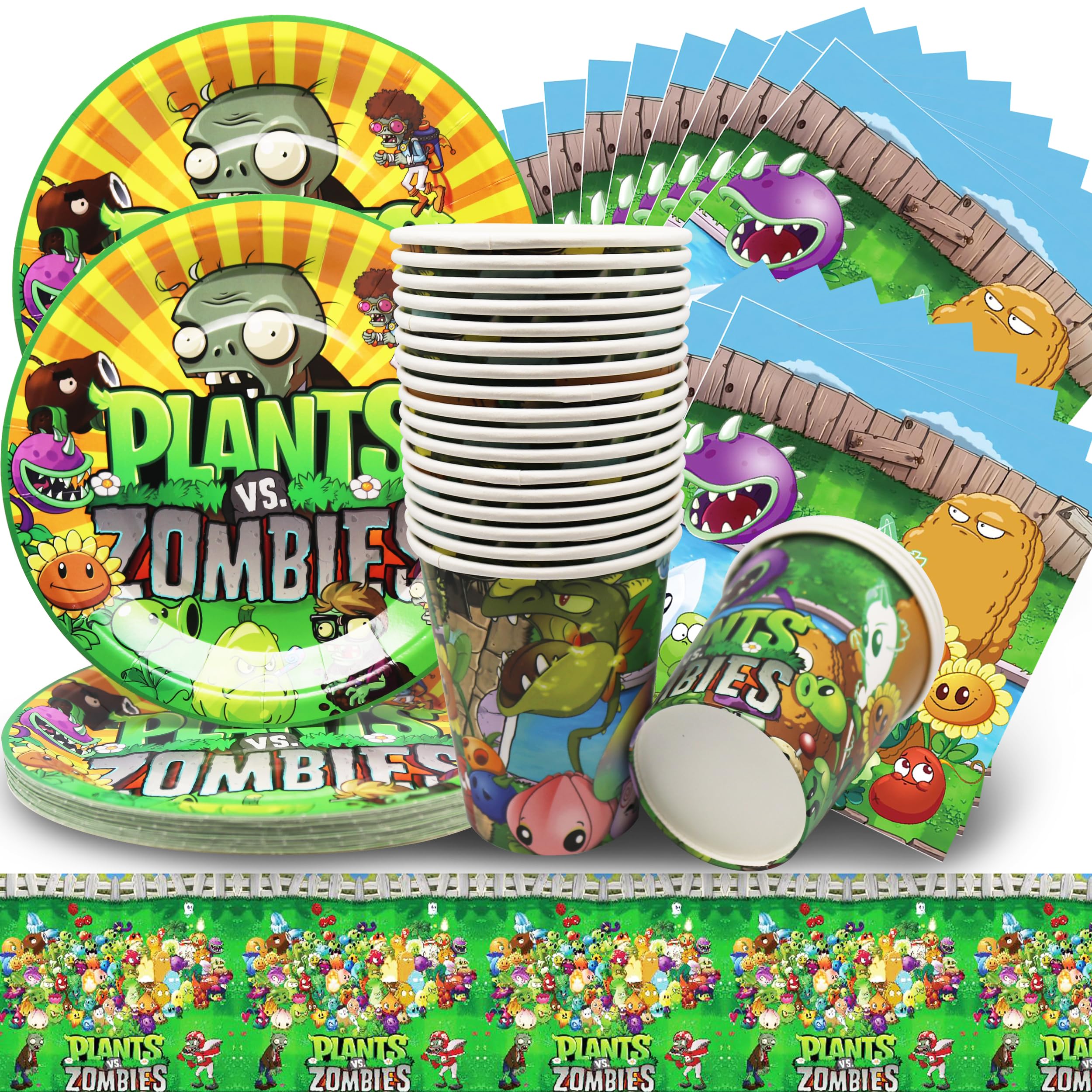 Greenery Game - Set di 61 stoviglie per feste di compleanno per bambini, piatti, tazze, tovaglioli, tovaglioli