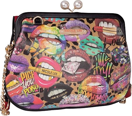Nicole Lee Pearl Kiss Lock Envelope Crossbody Handbag, Womens Fashion Print Vegan Leather Clutch