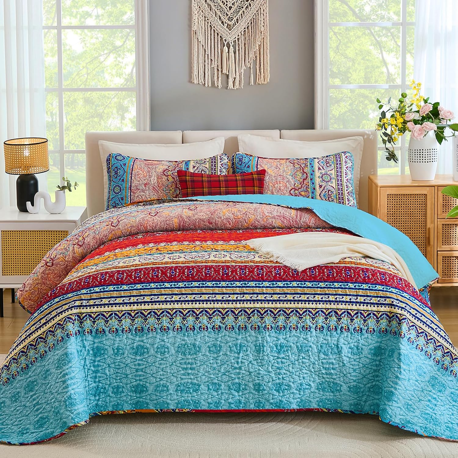WONGS BEDDING Bohemian Quilt Set King Size, Boho Striped Printed Quilts Bedspread Set for All Seasons, Lightweight Microfiber Coverlet Bedding Set with 2 Pillowcases 104"x90" (3 Pieces, Colorful)