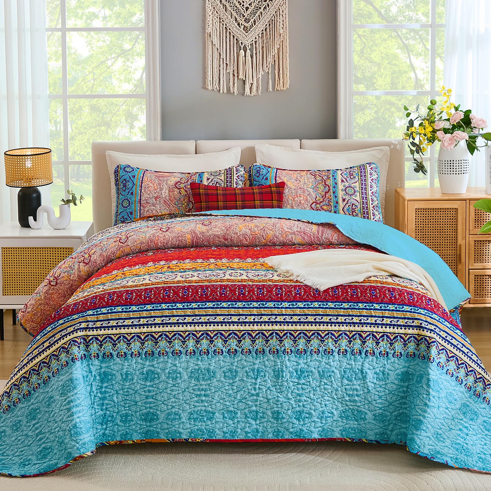WONGS BEDDING Bohemian Quilt Set California King, Boho Striped Pattern Quilts Bedspread Set for All Season, Soft Microfiber Bedding Coverlet Set 106"