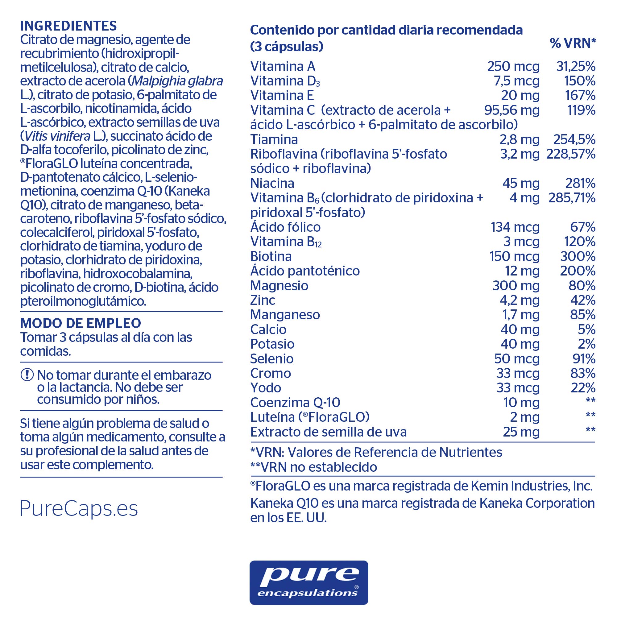 PURE ENCAPSULATIONS | All in one | Multivitamínico con Minerales, Plantas, Coenzima Q-10 y Luteína | Aporta Vitalidad y Bienestar | Protege Frente al Daño Oxidativo | 60 Cápsulas Vegetales