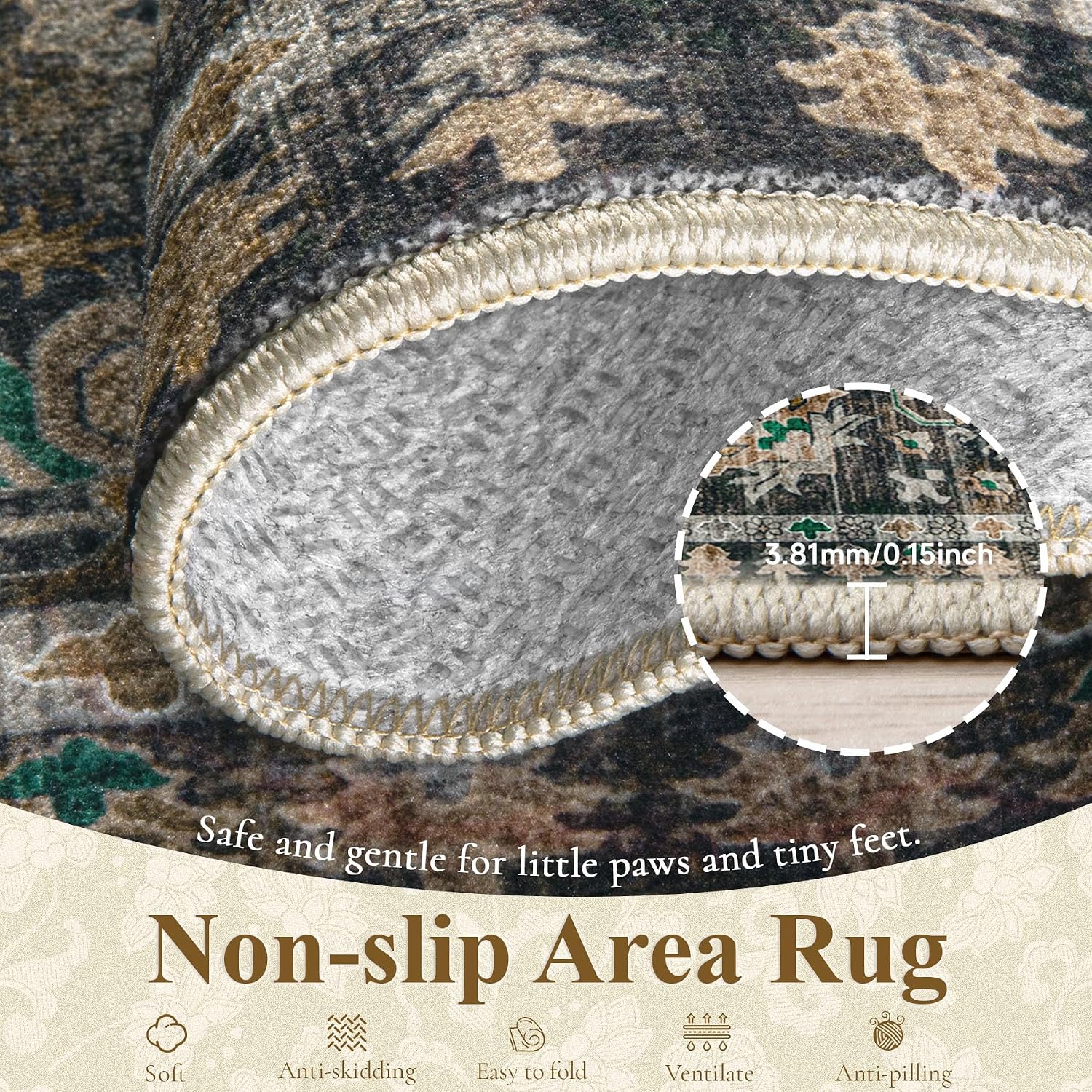 5x7 Area Rugs for Living Room: Washable Boho Vintage Floral Rug Soft Indoor Floor Non-Slip Carpet for Bedroom, Dining Room, Nursery, Office (GreyBrown, 5'x7')