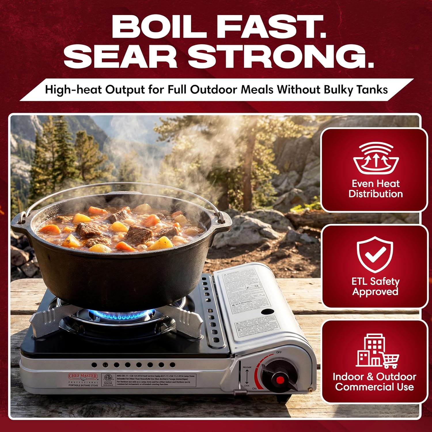 12,000 BTU Portable Butane Camping Stove with 4 x 8oz. Butane Fuel Canister Combo, Double Wind-Guard Portable Stove w/Carry Case for Road Trips, Camping, Tailgating & Emergencies by Chef Master 90235