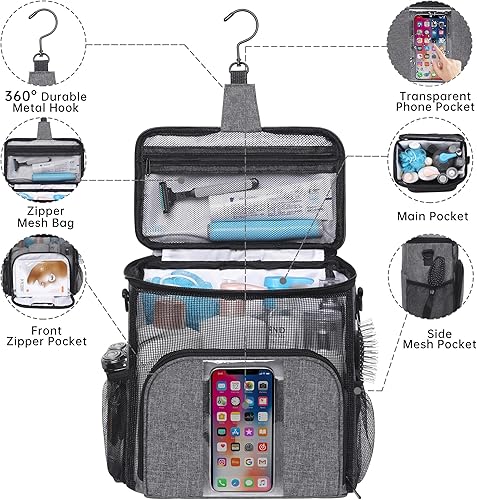 Miniatura 4 de VOCUS Neceser para hombres y mujeres, bolsa organizadora de artículos de tocador de viaje con gancho para colgar, bolsa de afeitar grande resistente
