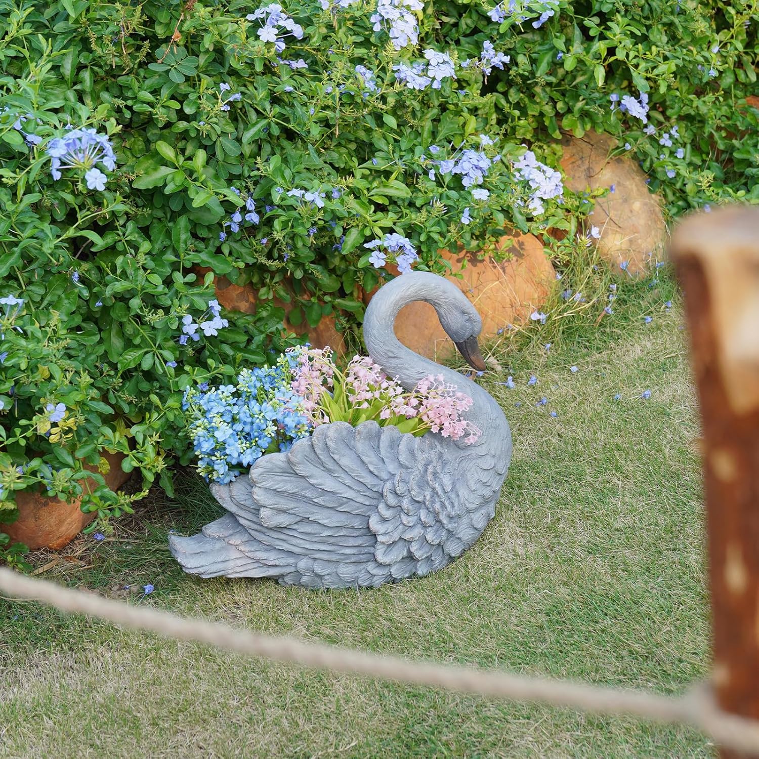 Unique Planters Swan Flower Pot Large – 18.5 Inch Planter Pots for Indoor Outdoor Concrete Finish Animal Swan Planters Resin Planter Garden Decoration Pot for Plants 18.5*9.75*14.5 Inch LC Lcdecohome