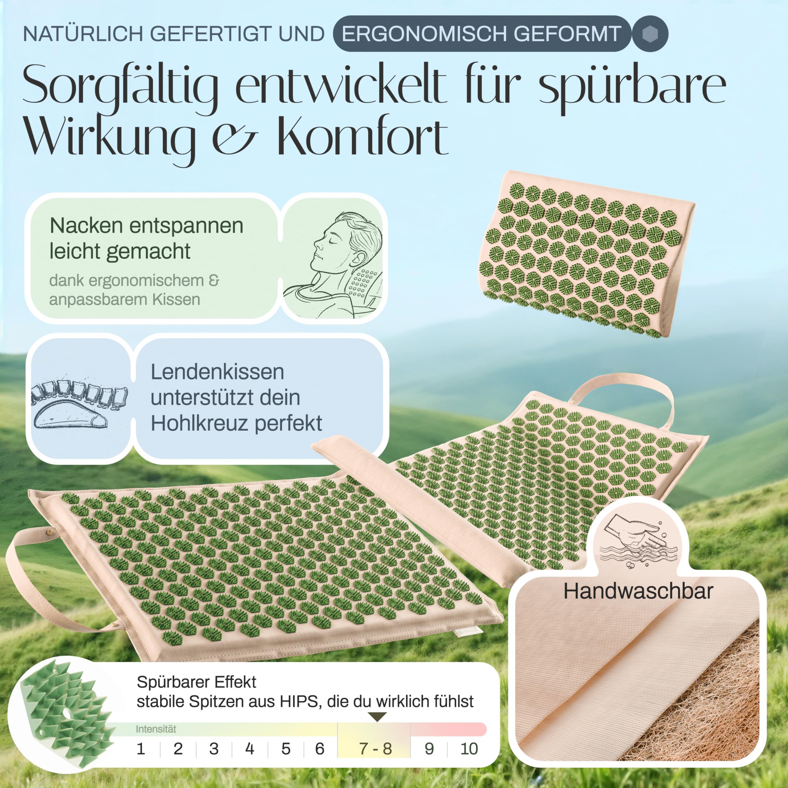 Akupressurmatte XL, Set mit Kissen & Lendenrolle, Ganzkörper