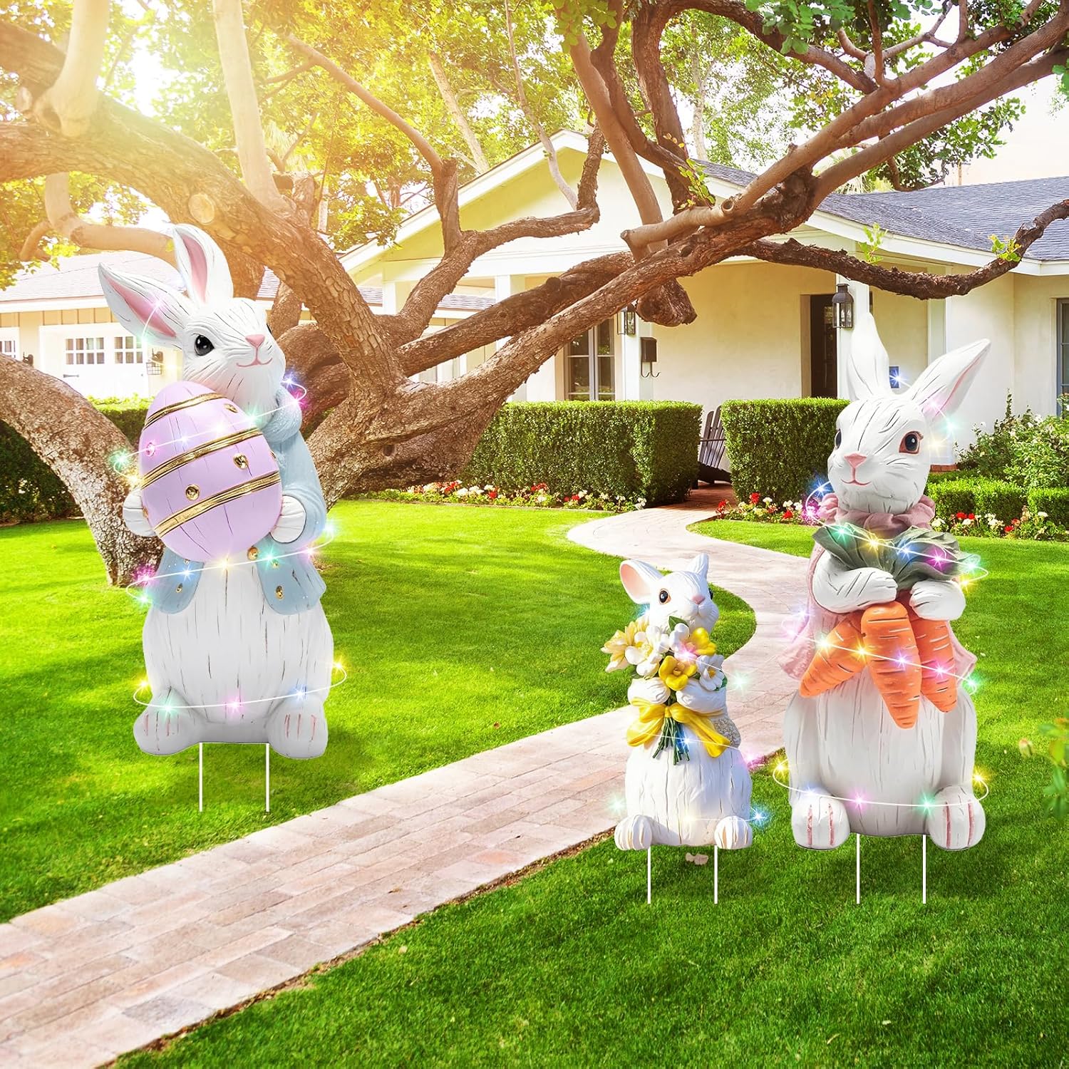 Extra Large Easter Decorations Outdoor Bunny Yard Signs 3pcs with Stakes Cute Bunny Yard Decorations with LED Lights Holiday Welcome Signs for Party, Lawn, Garden Yard Decor