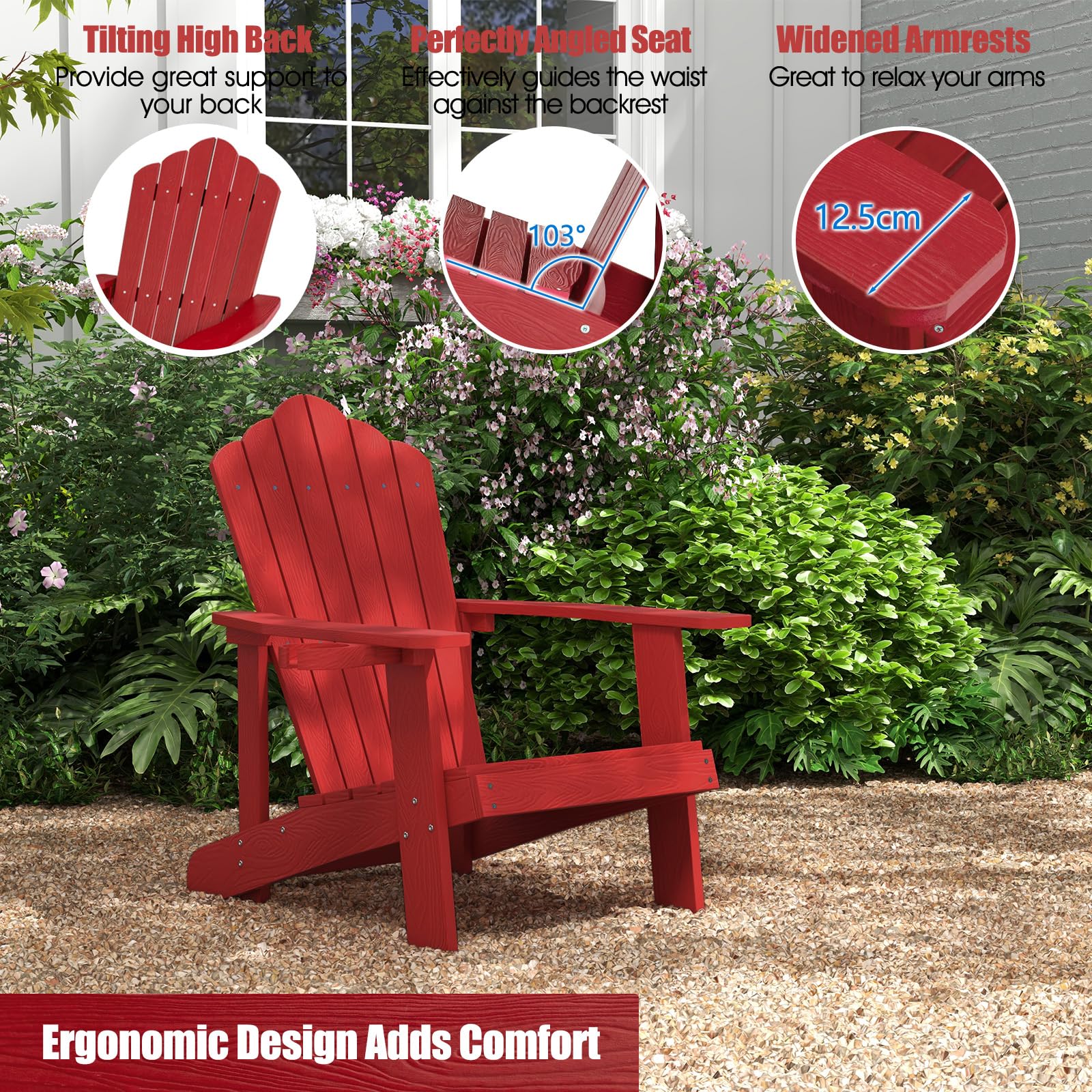 KOMFOTTEU Adirondack Stuhl mit Getränkehalter, Gartenstuhl mit Rücklehne & Armlehnen, Gartensessel wetterfest & ergonomisch, Relaxstuhl bis 170 kg für Balkon, Garten, Strand (Rot)