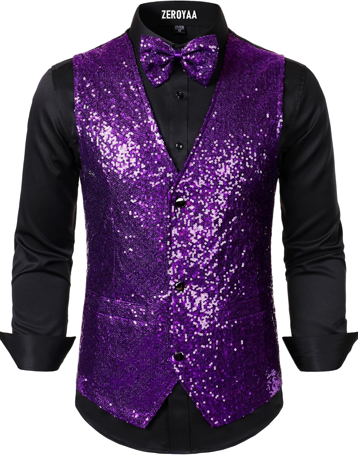 ZEROYAA Men's Sequin Vest Slim Fit 70s Shiny Waistcoat Bowtie Set Disco Prom Party Tuxedo