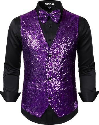 ZEROYAA Mens Sequin Vest Slim Fit 70s Shiny Waistcoat Bowtie Set Disco Prom Party Tuxedo