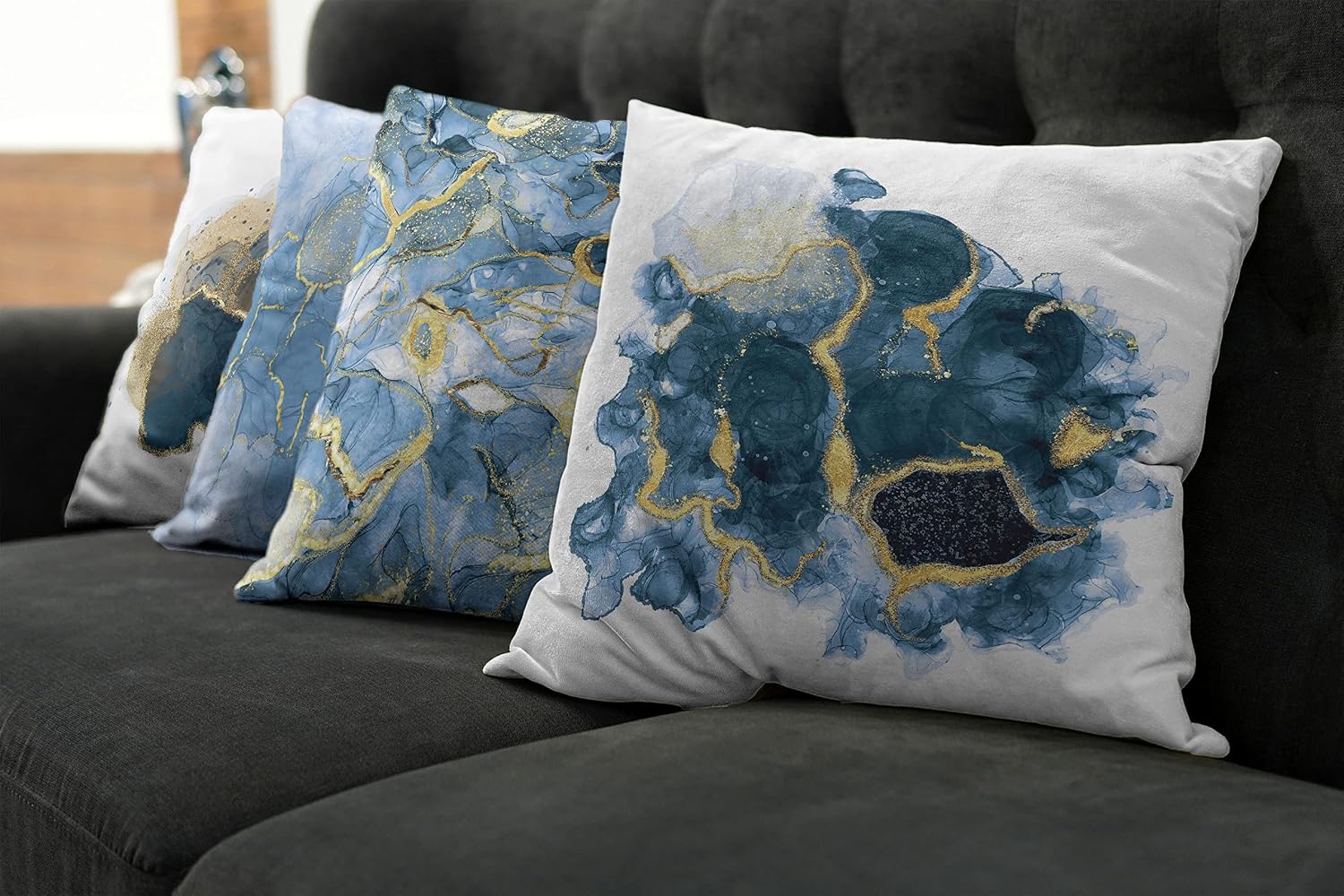 Ambesonne Marble Print Throw Pillow Cushion Case Pack of 4, Contemporary Greyscale Hazy Hues and Neutral Stone Like Motifs Print, Modern Accent Double-Sided Digital Printing, 16", Beige Pale Sky Blue