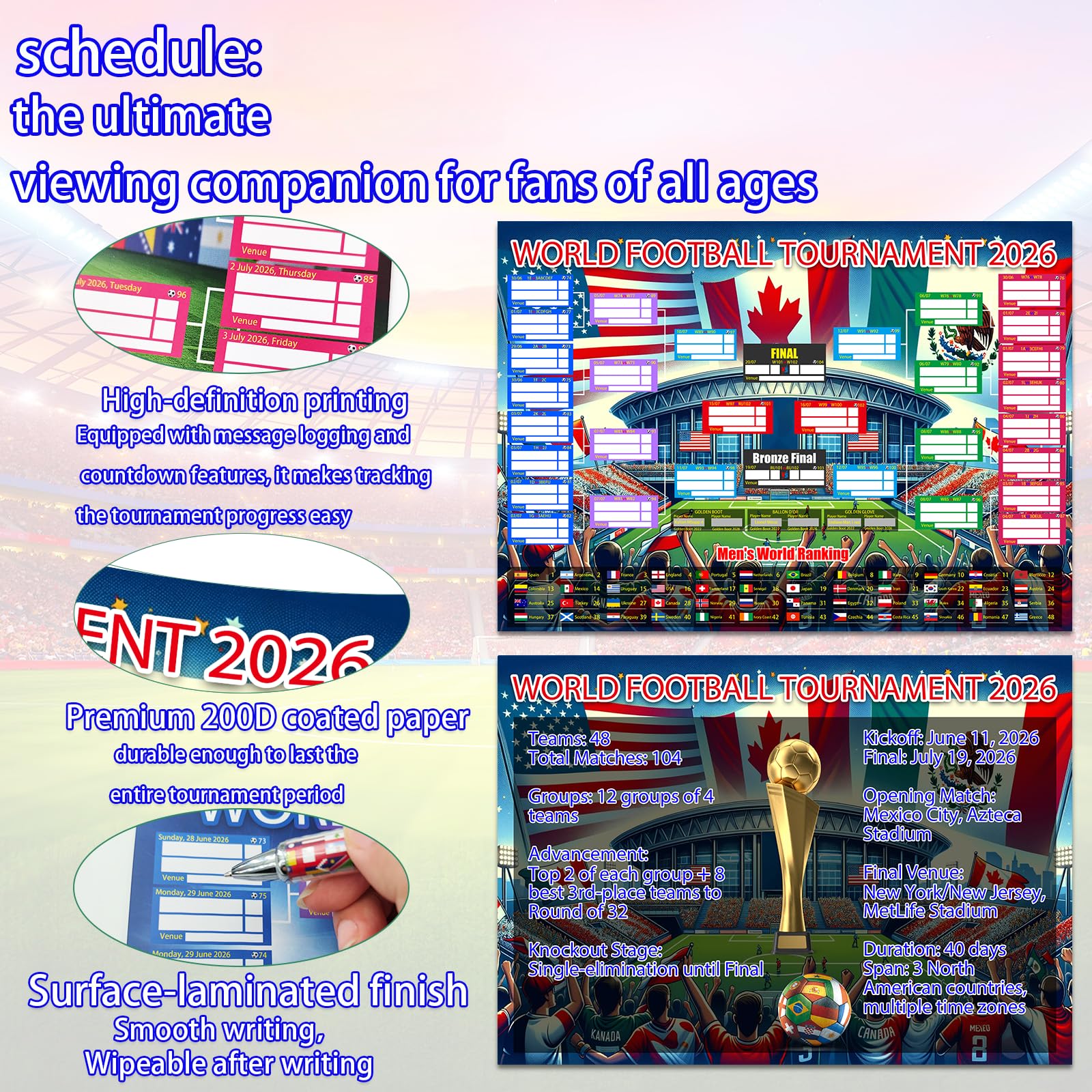 2PCS World Cup Football 2026 Interactive Foldable Poster 2026 World Cup Ball Competition Schedule Includes 8 Double Sided Adhesive Rings And A Flag-Themed Ballpoint Pen Fan Gifts Bar Display 87x58cm - 3