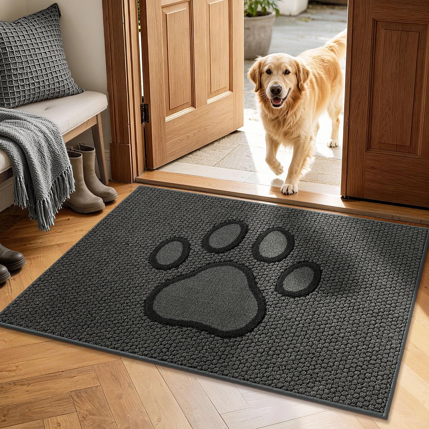 Dog Paw Doormats 32''x48'' for Dirty Paws, Washable Entryway Floor Rugs Dirt Trapper with TPR Backing, Absorbent Low Profile Doormat for Front Door, Hallway, Entryways, Dark Grey