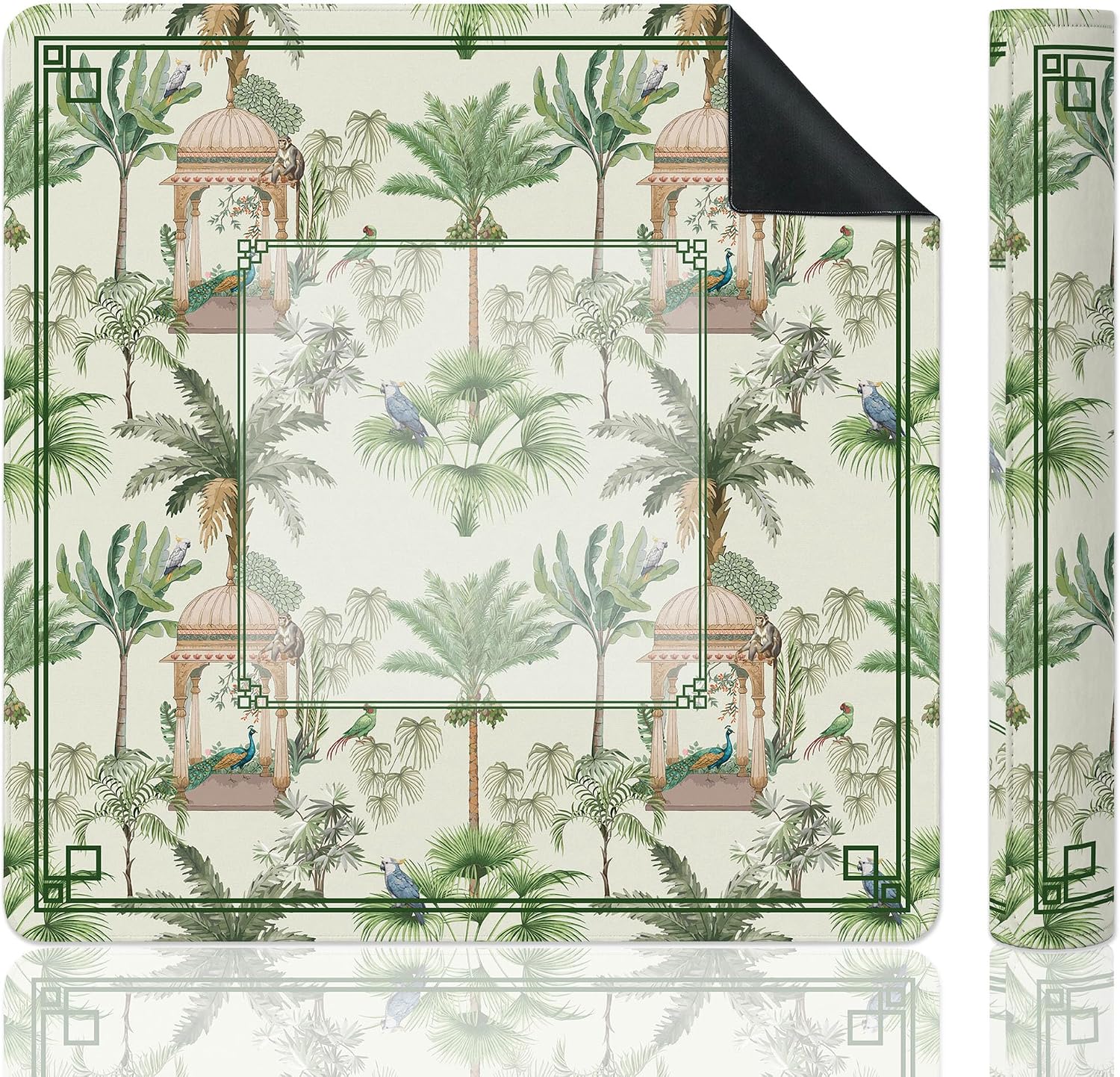Tropical Jungle Palm Tree Exotic Animal Mahjong Mat 31.5"x31.5", Non-Slip Noise Reduction Square Game Table Pad, Vintage Tropical Pavilion Parrot Peacock Monkey Print Portable Play Mat