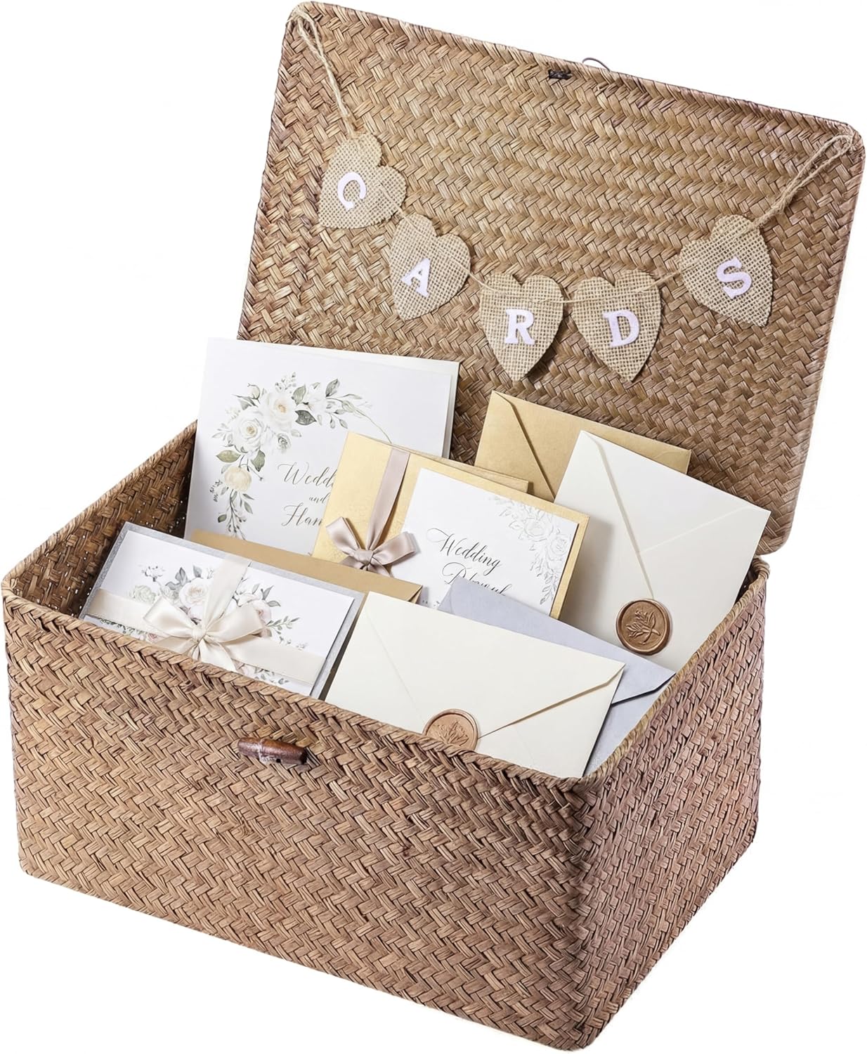 Geelin Sea Grass Wedding Card Basket With Letter Flag Decorative Wedding Card Woven Post Box Suitable For Baby Showers Birthdays Graduation Ceremonies Bridal Showers(Coffee,14 Inch)