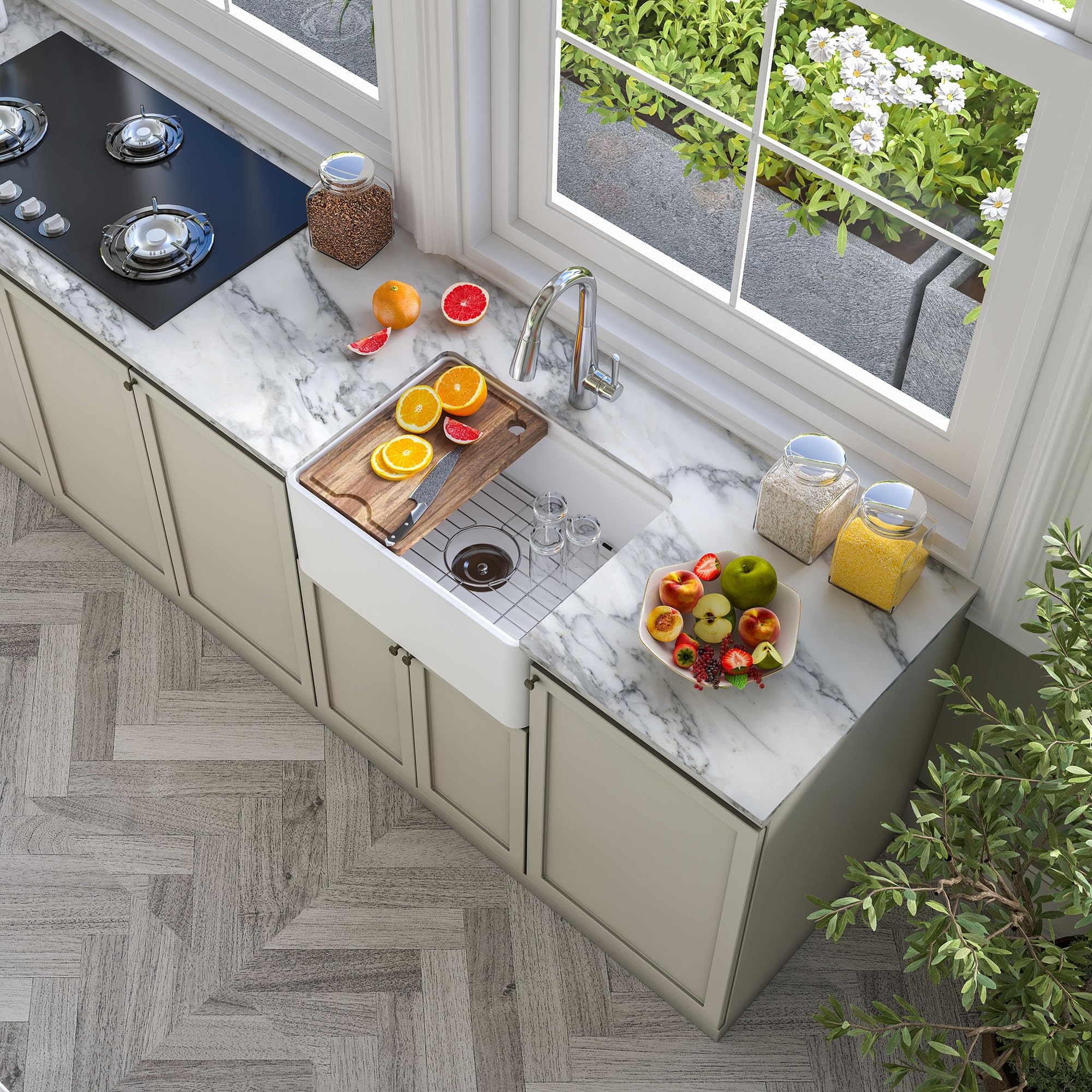 60 cm Weiß Unterbau Arbeitsplatz Küchenspüle Bauernhaus Küchenspüle Keramik Tiefe Einzelschale mit Zubehör für Küche Insel