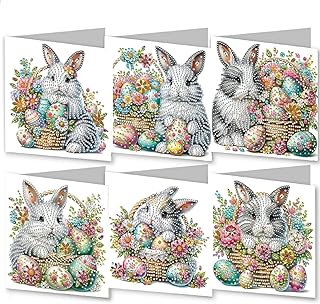 6Pcs DIY Folding Greeting Card Easter Diamond Art Painting Creative Design Foldable Thank You Cards Blessing Greeting Card Set for Birthday Festival Crafts Gift-Bunny Easter Eggs01
