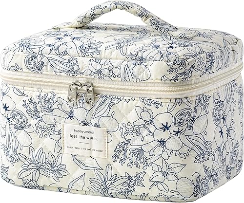 Miniatura 23 de HBselect Bolsa de Maquillaje Acolchada, Bolsa de Maquillaje Grande de Algodón para Viaje, Lindas Bolsas de Maquillaje con Flores Coquette, Bolsas
