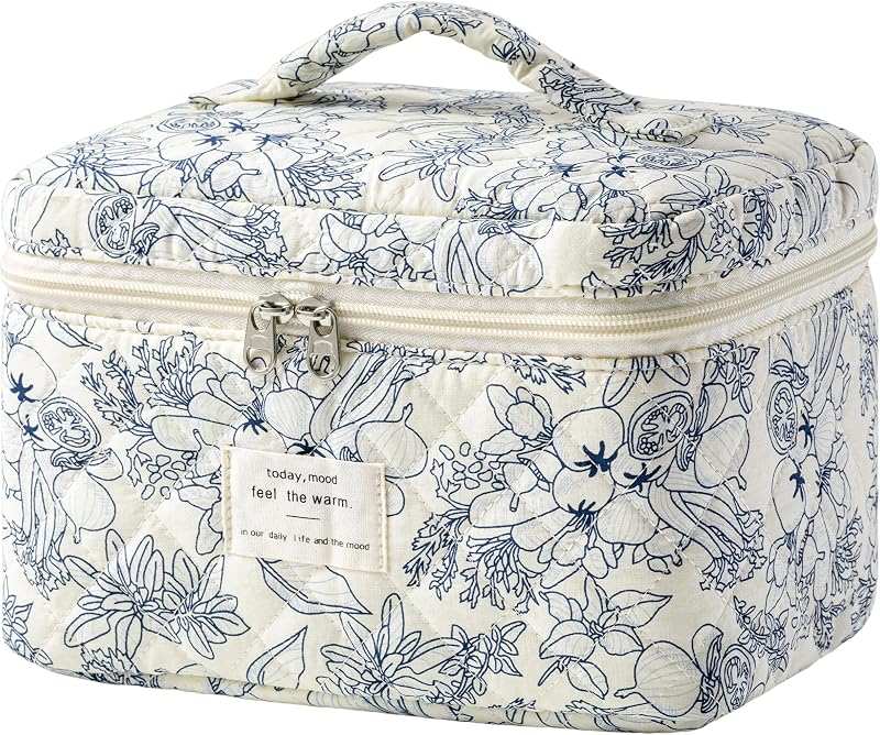 Necessaire de Maquiagem Grande HBselect em Algodão Matelassê com Zíper, Estampa Floral