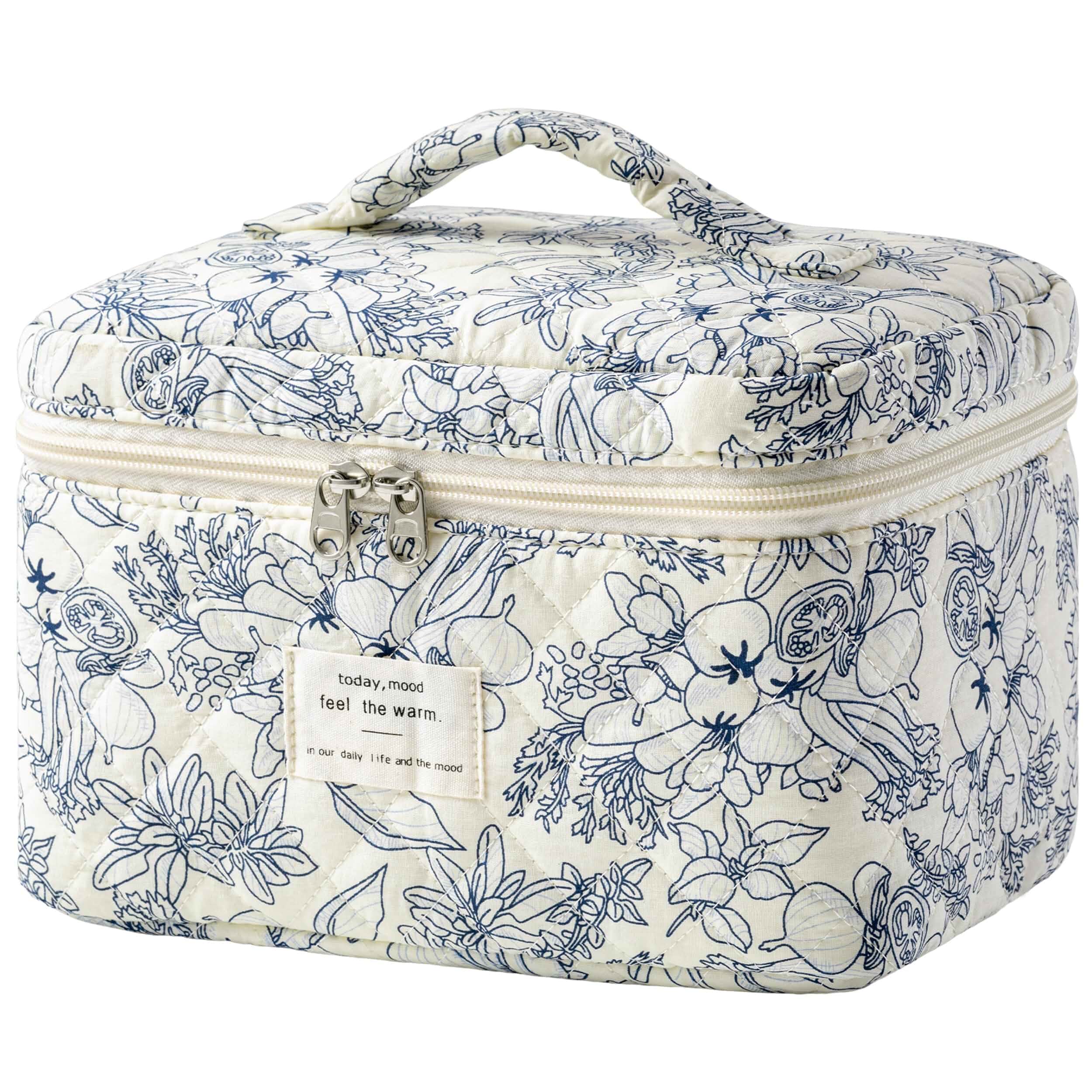 HBselect Large Quilted Makeup Bag for Women Cute Cotton Travel Cosmetic Bag Floral Coquette Aesthetic Toiletry Organizer Bag with Handle, Portable Multifunctional Makeup Bag, Gifts for Bridesmaids