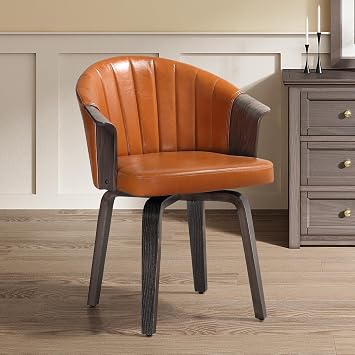 Zouron Swivel Dining Chair Mid Century Modern Dining Chairs for Kitchen Dining Room, Retro Faux Leather Upholstered Chair No Wheels for Small Space Home Desk, Black Oak Bentwood, Brown