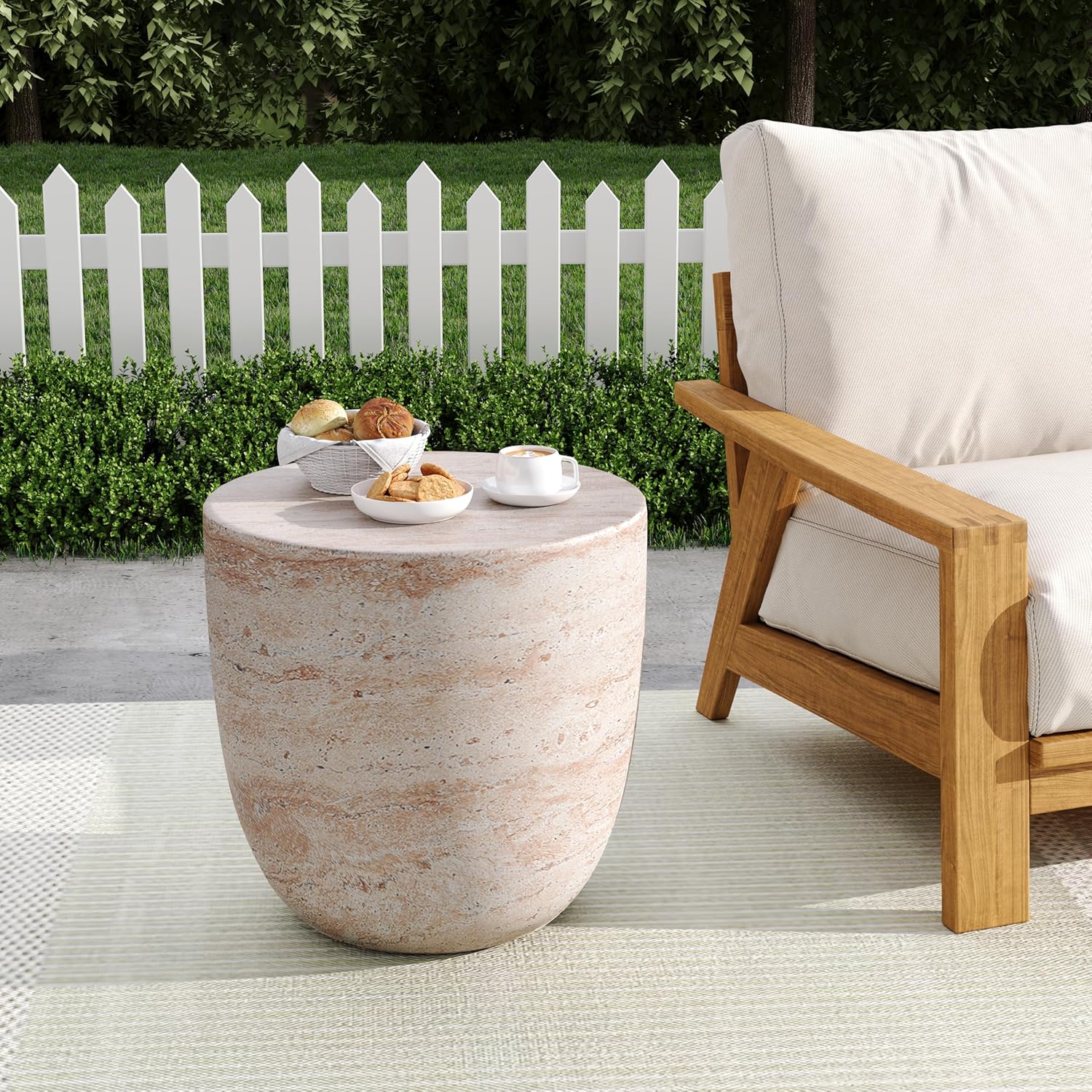 Christopher Knight Home Jaym 15.75" H Indoor Outdoor Accent Side Table, Patio Decorative End Table, Barrel-Shaped Lightweight Concrete Garden Stool for Patio Balcony & Garden Decor, Travertine