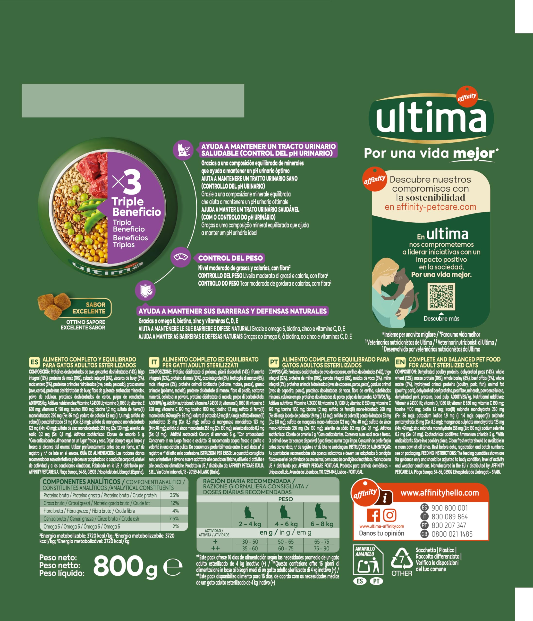 Ultima Esterilizado Adult Buey, Comida seca para gatos, Pack de 8 x 800g, Total 6,4kg