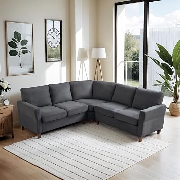 L Shaped Sofa, Small Sectional Sofa for Living Room, L Couch with Pocket Springs Seat Cushion, Linen Fabric, Tapered Legs, Comfy Corner Couch for Small Space, Apartment, Office, Dark Grey