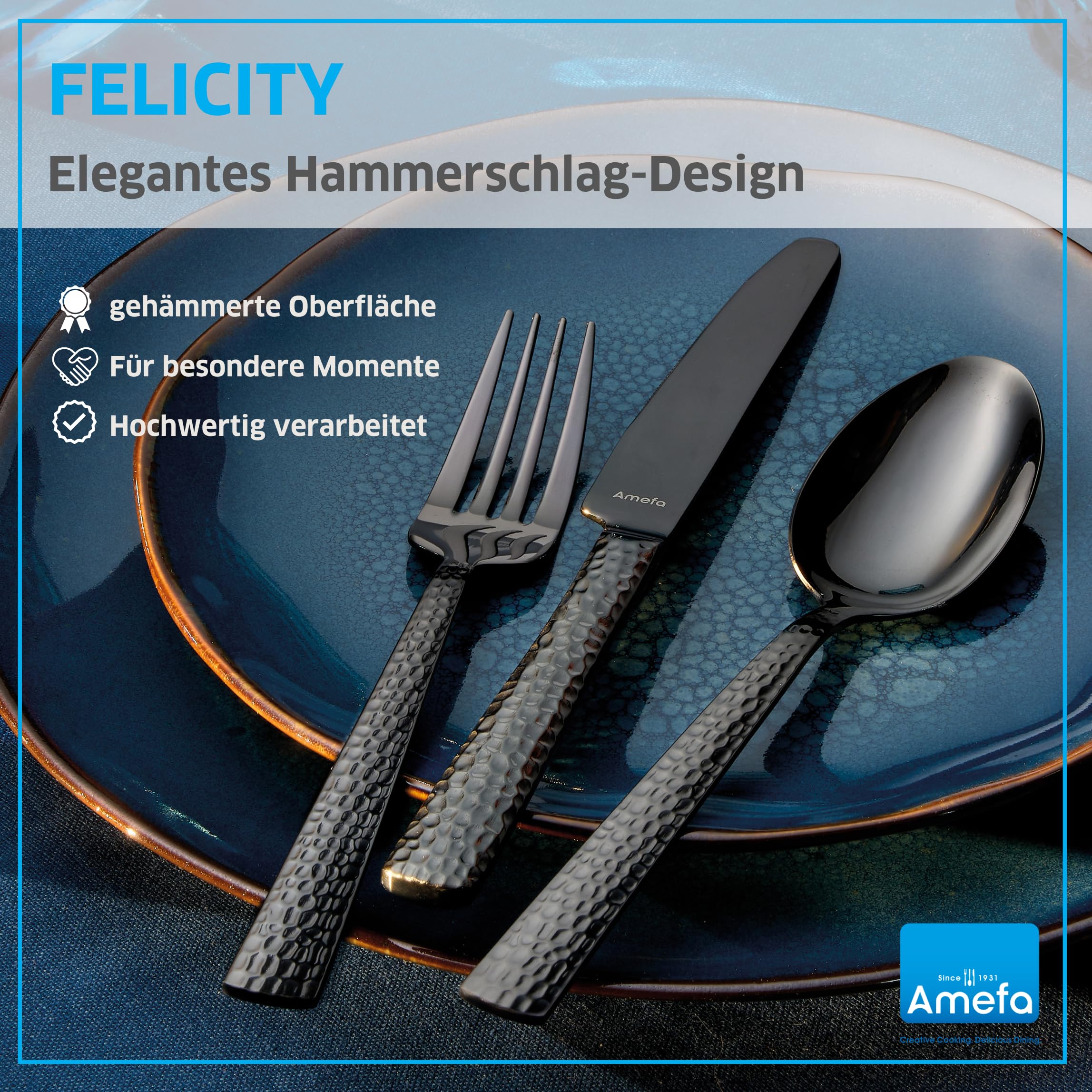 Amefa FELICITY Besteckset 30-teilig Edelstahl, Hochwertiges Besteck Set für 6 Personen, Gehämmert, Essbesteck im Hammerschlag-Design, Edelstahlbesteck