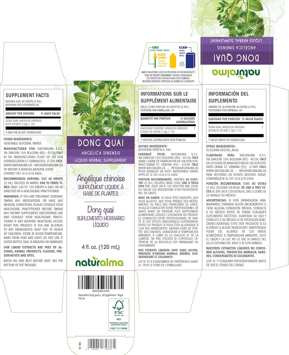 Naturalma Dong quai or Female Ginseng (Angelica sinensis) Root Alcohol-Free Tincture - 4 fl oz Liquid Extract in Drops - Herbal Supplement - Vegan - Image 2