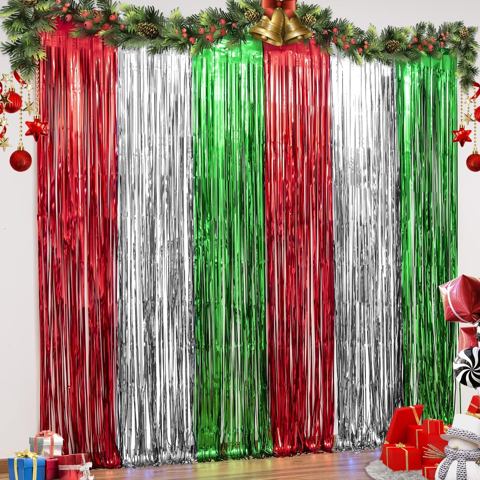 3 Pack Christmas Foil Fringe Curtains Christmas Party Decoration 3.2X8.2 ft Red Tinsel Curtain Party Photo Backdrop Streamer Backdrop for Christmas Party, New Year Party, Friendsmas Party Decorations