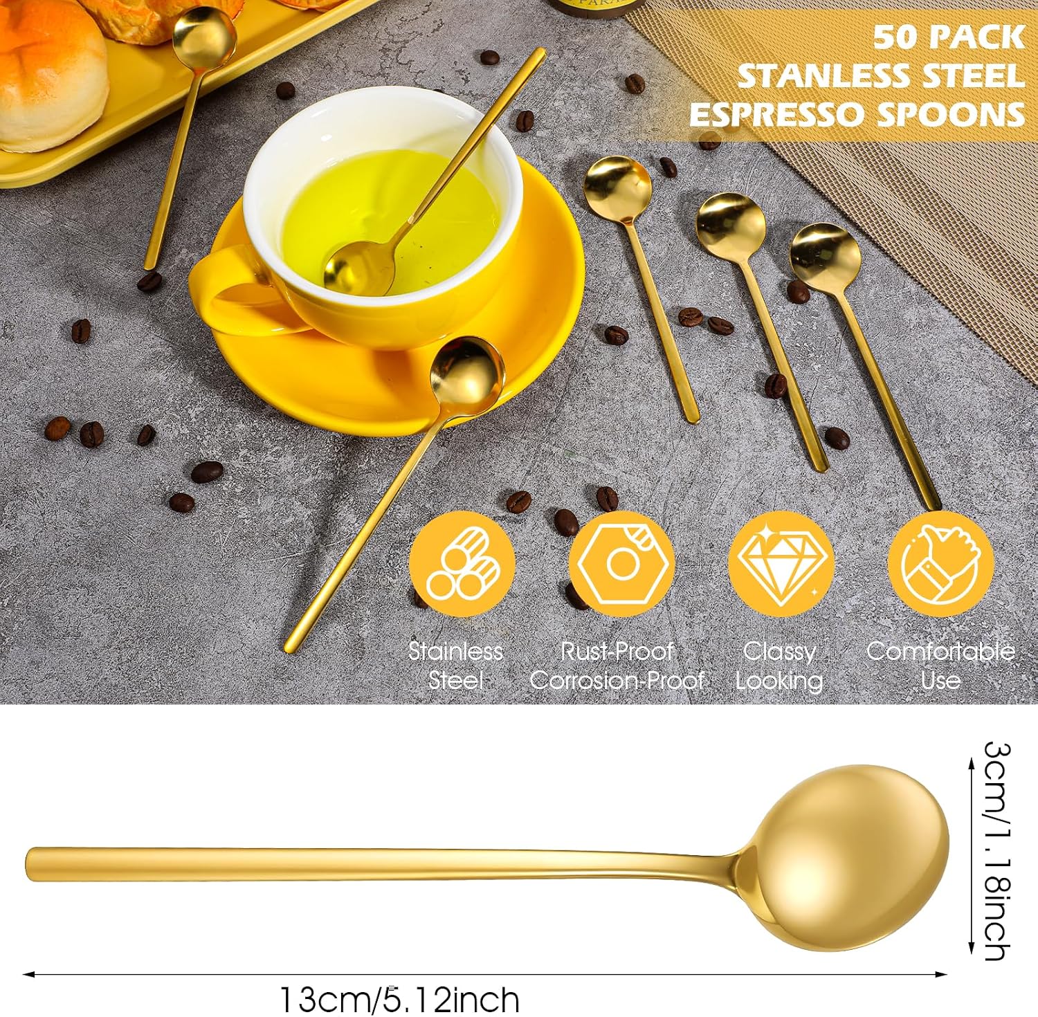 50 Pcs Gold Stainless Steel Espresso Spoons, 5.12 Inch Golden Coffee Spoons, Gold Long Handle Espresso Spoon Stirring Spoon for Coffee, Ice Tea, Sugar, Dessert, Cake, Ice Cream